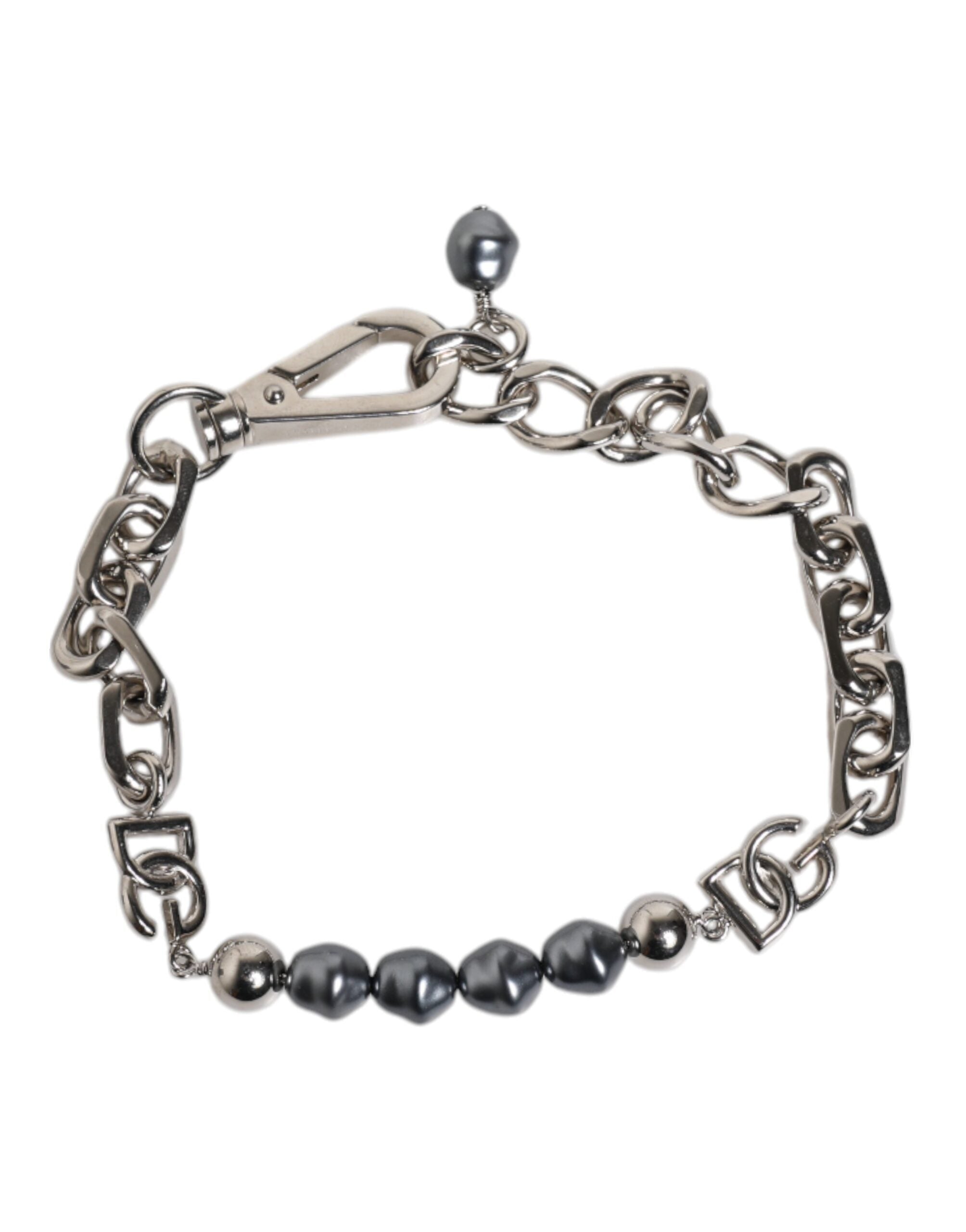 Dolce & Gabbana Armband mit silberfarbener Kette, Karabinerverschluss, Logo und grauen Perlen