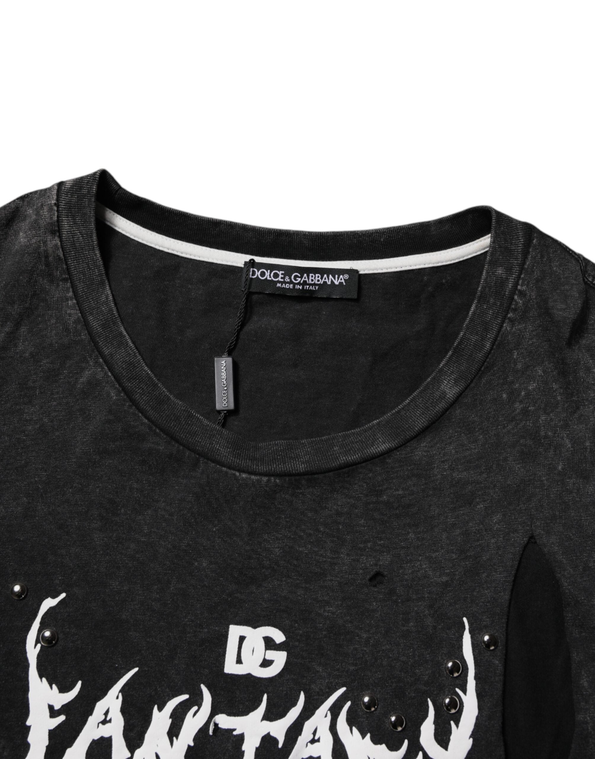 Dolce & Gabbana Schwarzes T-Shirt mit Rundhalsausschnitt aus Baumwolle mit Grafikdruck