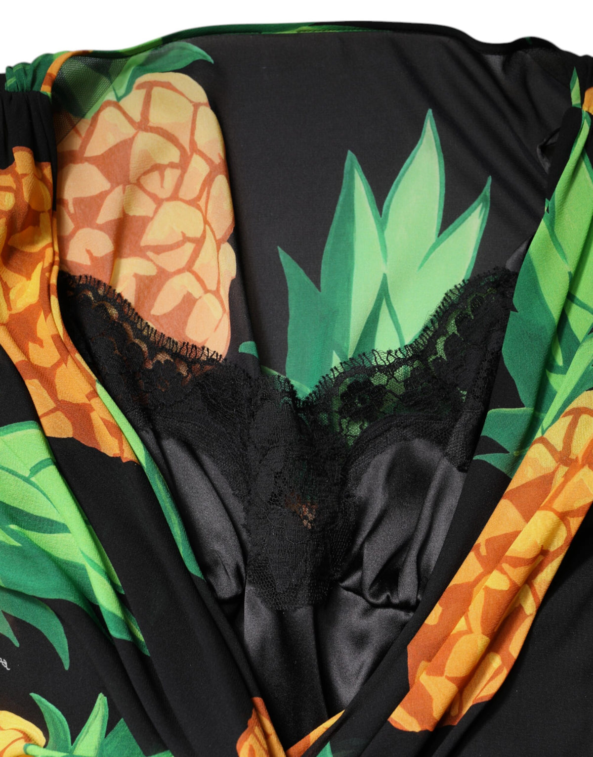 Dolce & Gabbana Schwarzes Seiden-Wickelkleid mit drapiertem Ananas-Print