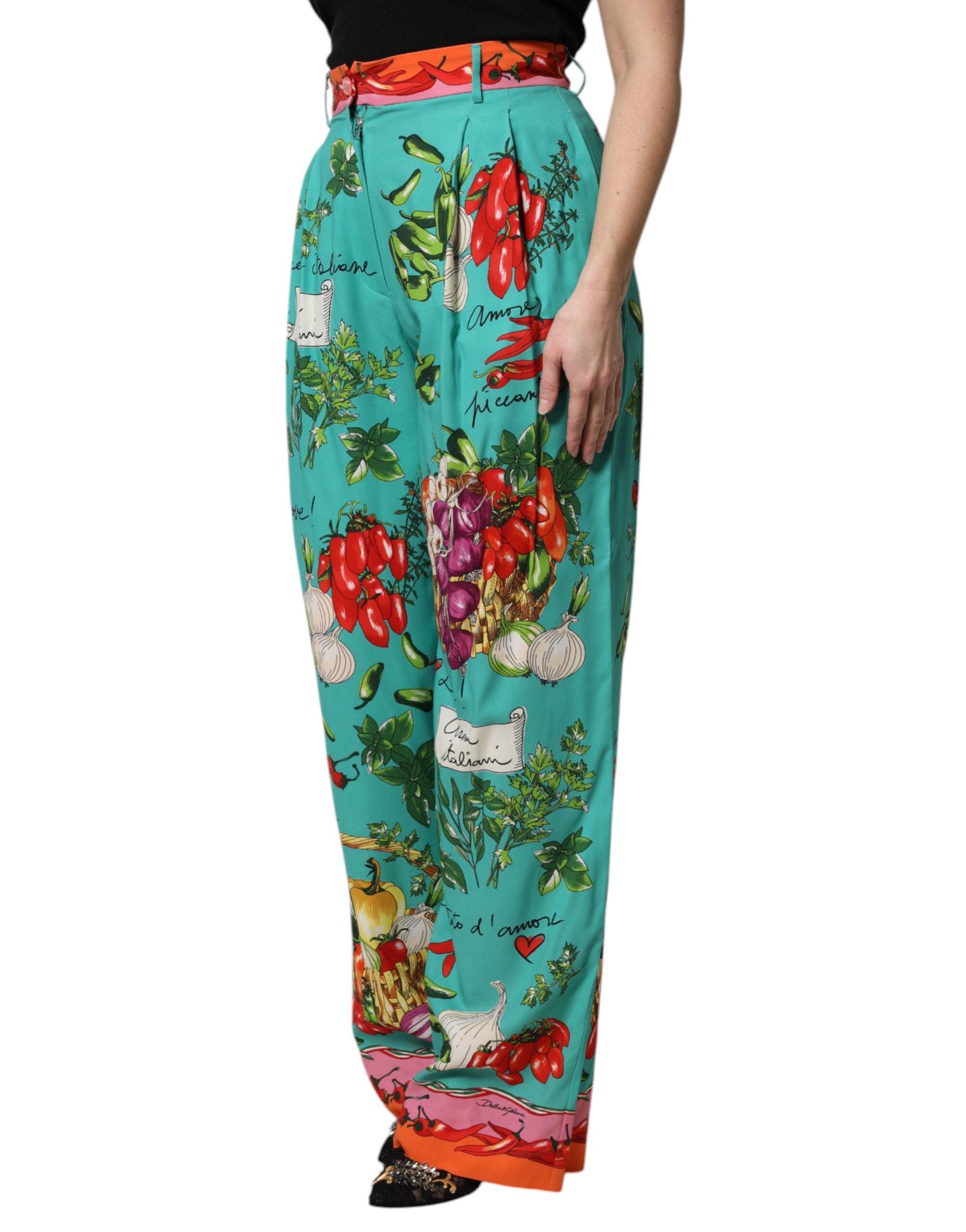 Dolce & Gabbana Grüne bedruckte gerade Hose aus Seide