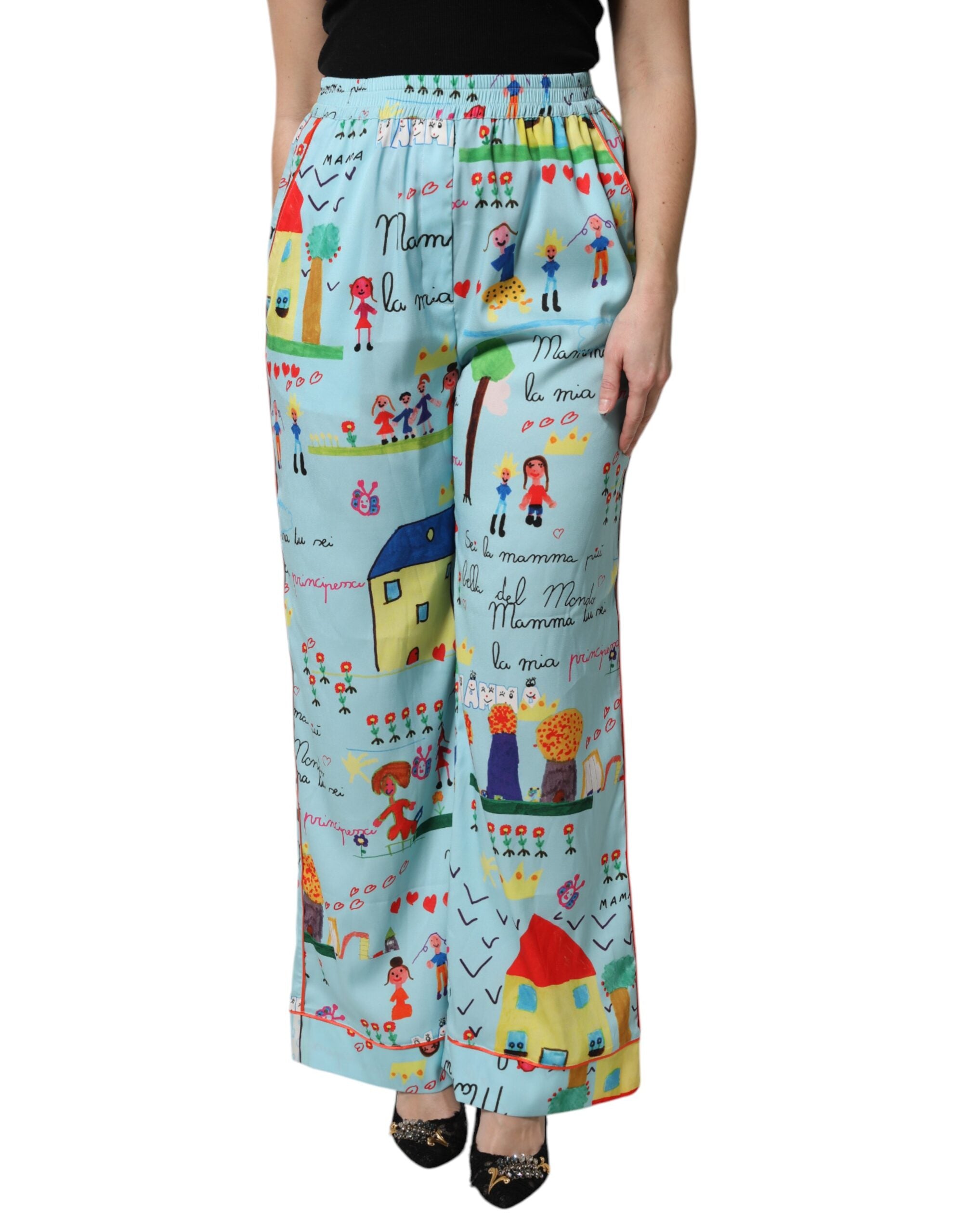 Dolce & Gabbana Hellblaue Zeichnung Mid Waist Wide Leg Pants