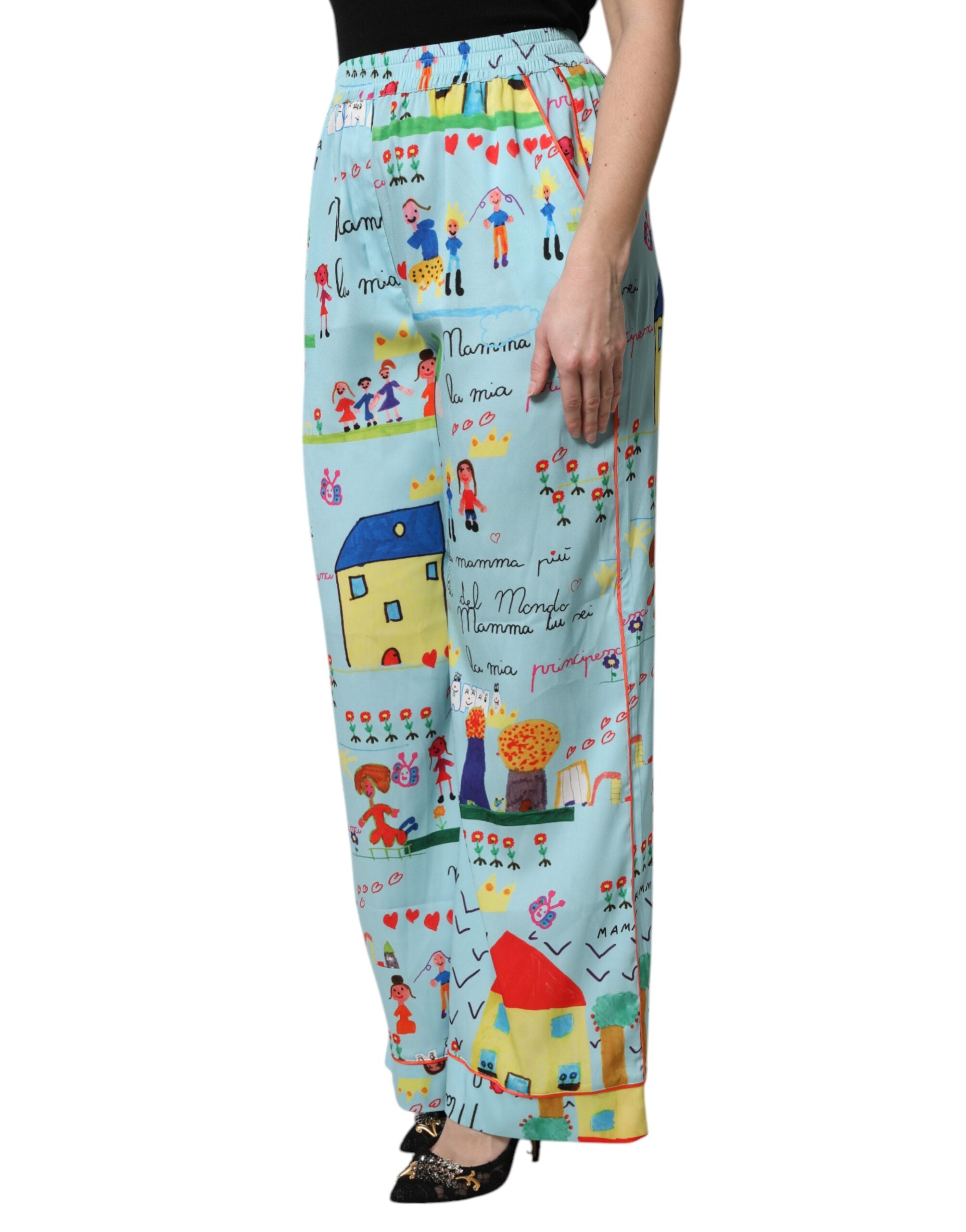 Dolce & Gabbana Hellblaue Zeichnung Mid Waist Wide Leg Pants
