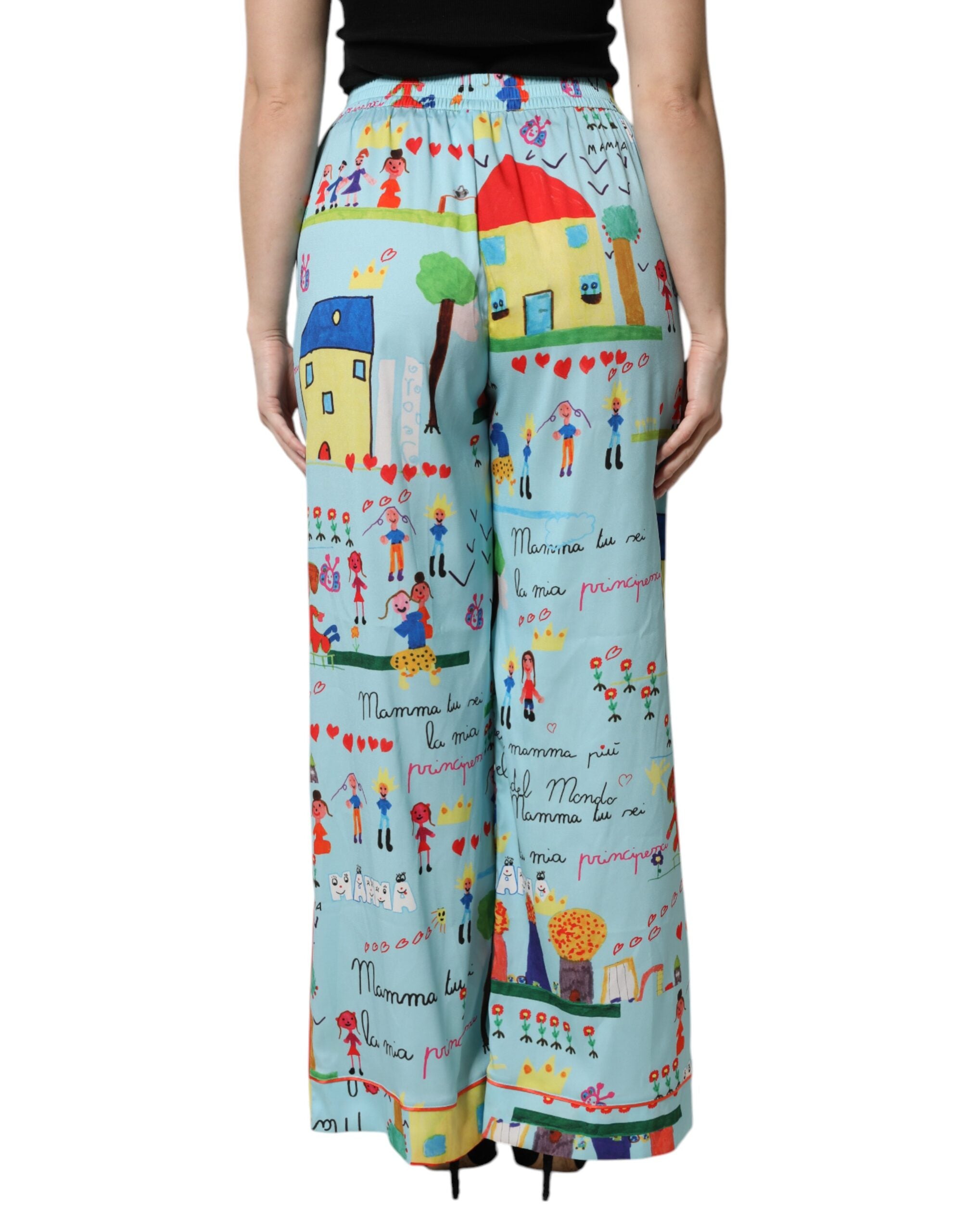 Dolce & Gabbana Hellblaue Zeichnung Mid Waist Wide Leg Pants