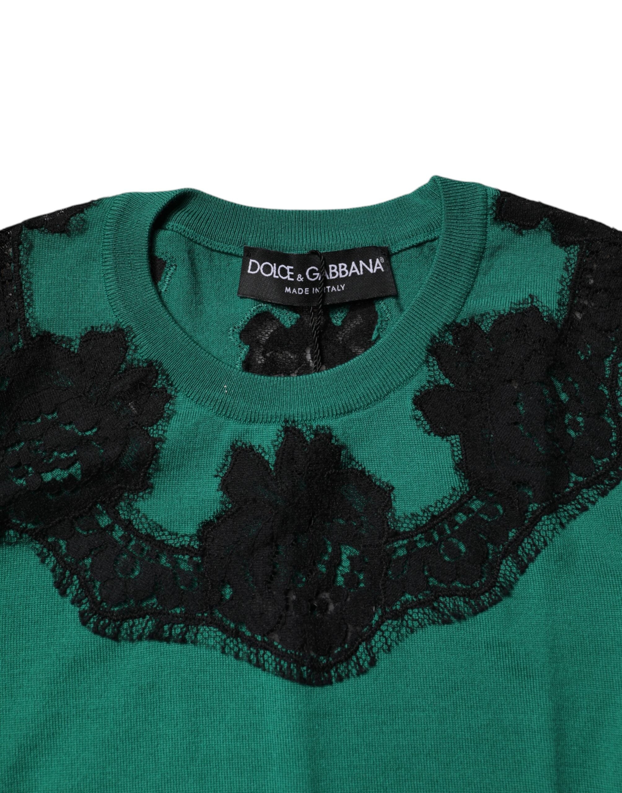 Dolce & Gabbana Grünes ärmelloses Tanktop aus Wolle mit Spitzendetail