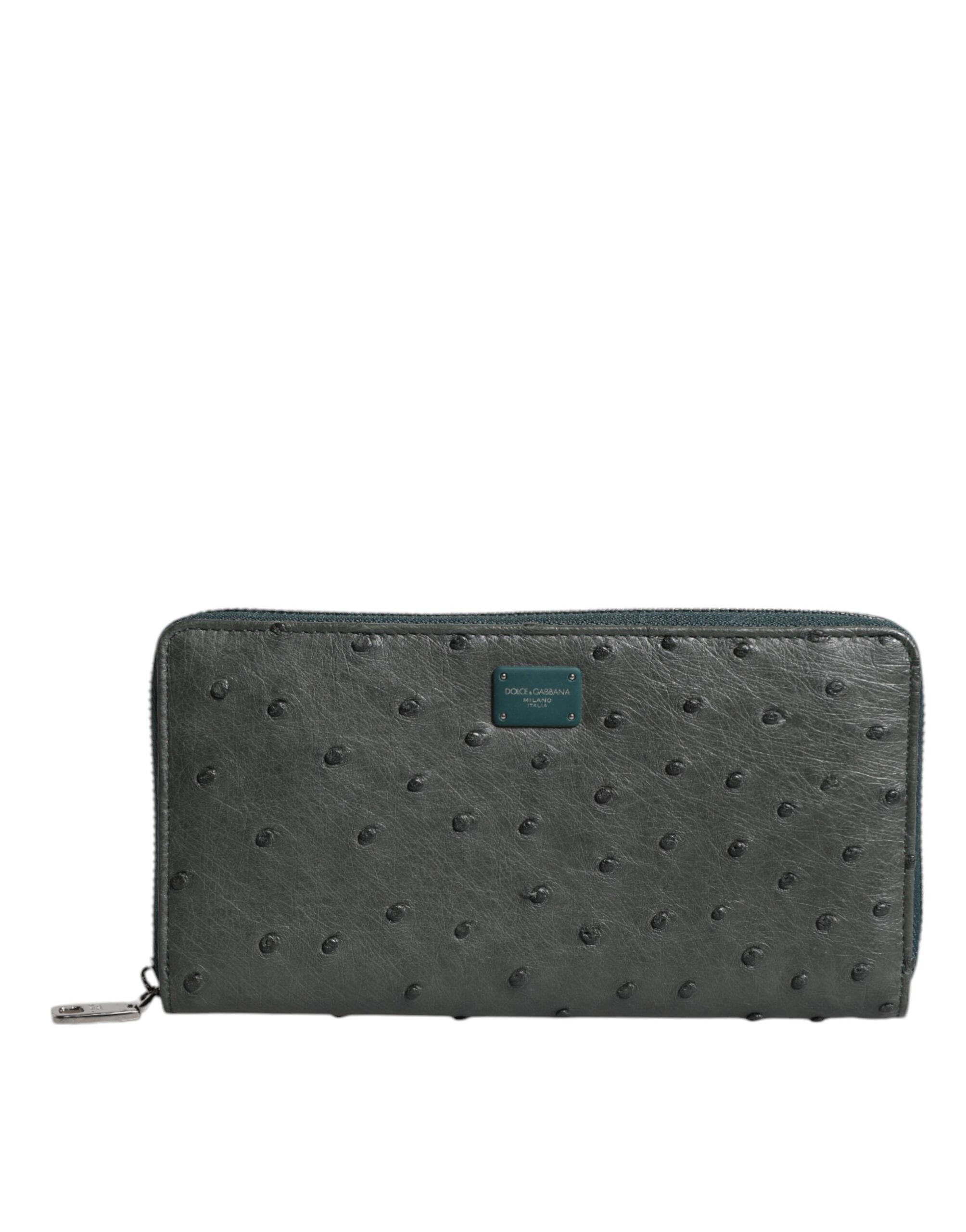 Dolce & Gabbana Grüne Straußenlogoplakette Zip Around Continental Geldbörse