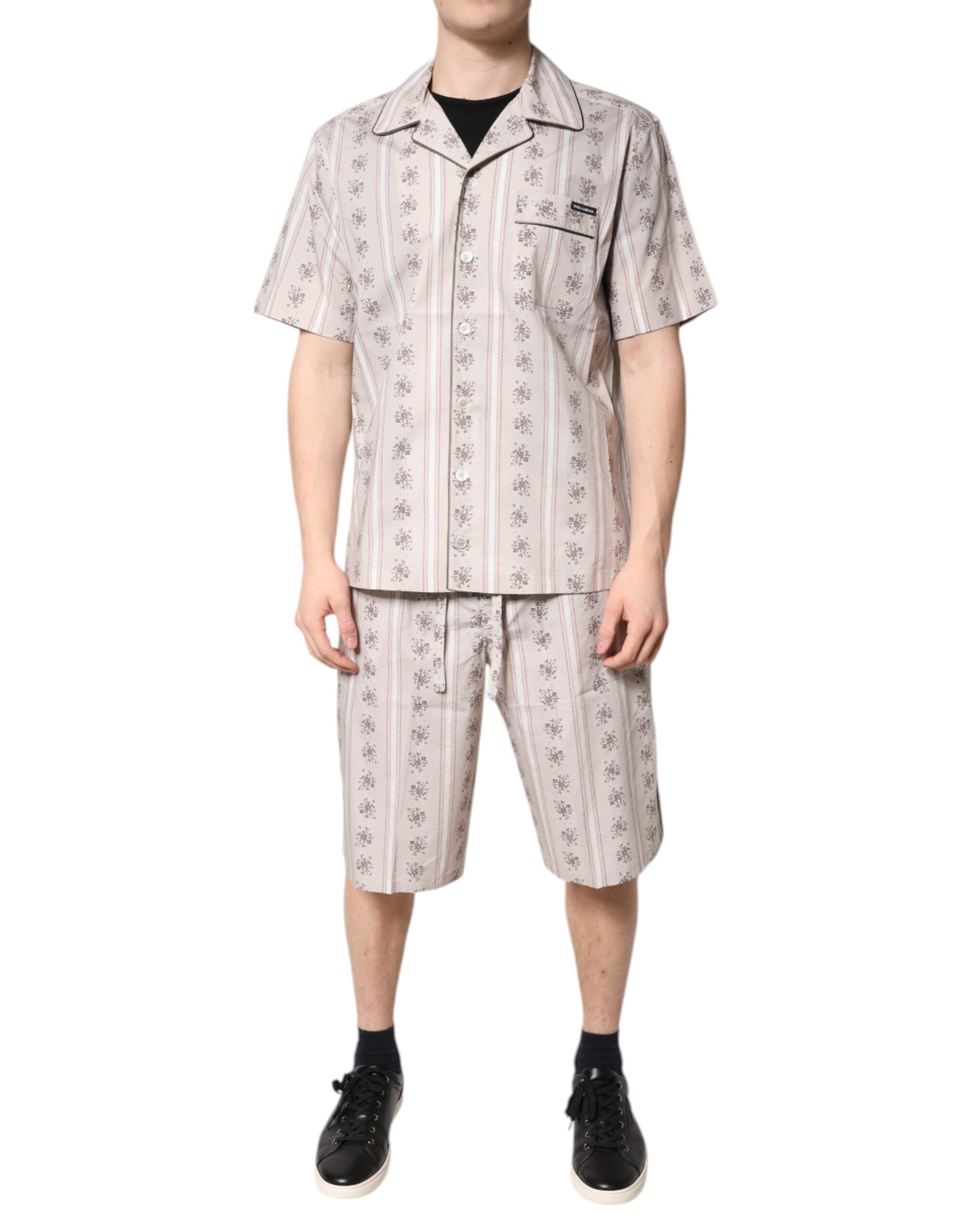 Dolce & Gabbana Beige Floral Print Baumwolle Männer Pyjama Set Schlafanzug