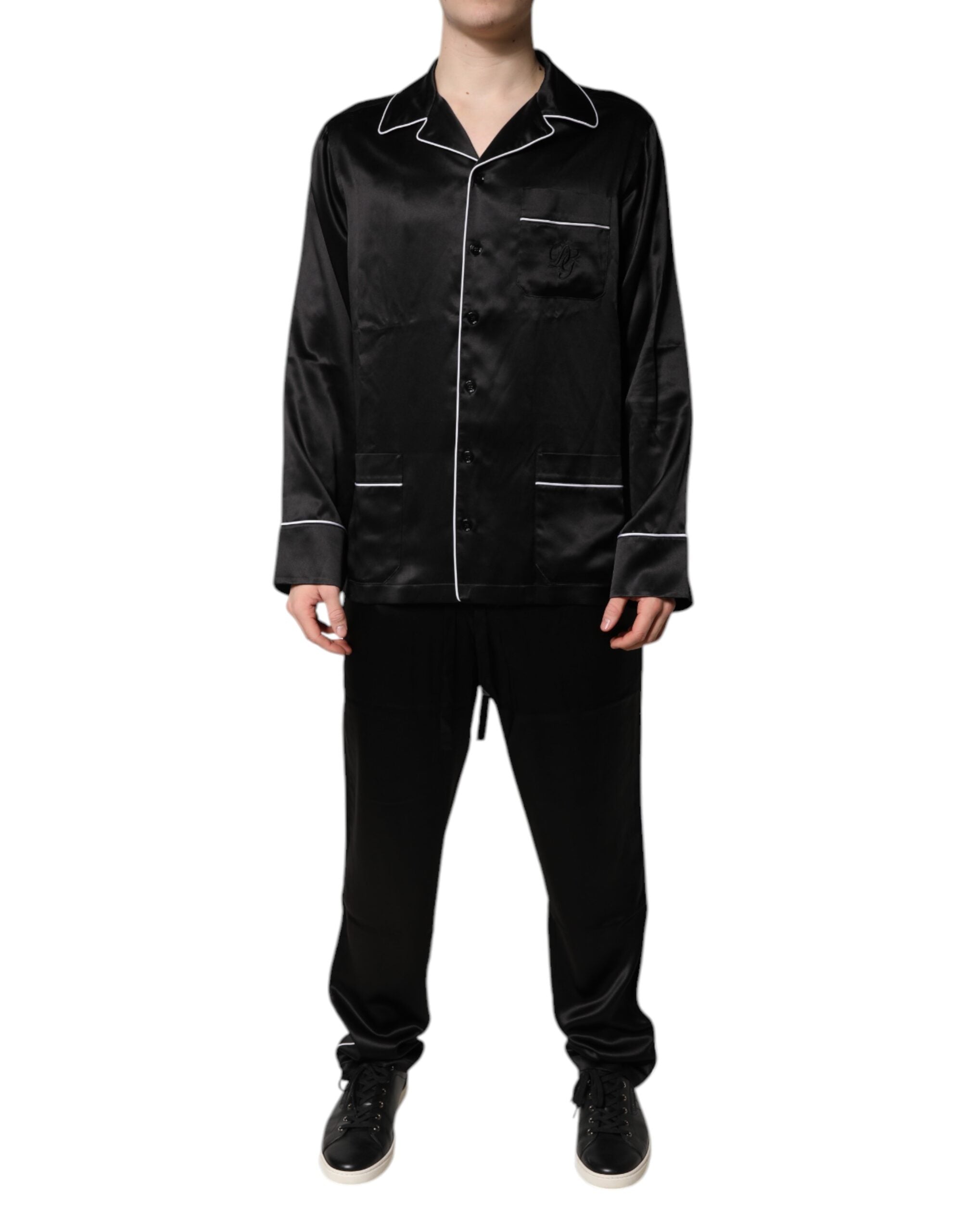 Dolce & Gabbana Schwarzes Seidenhemd Hose Pyjama Set Nachtwäsche