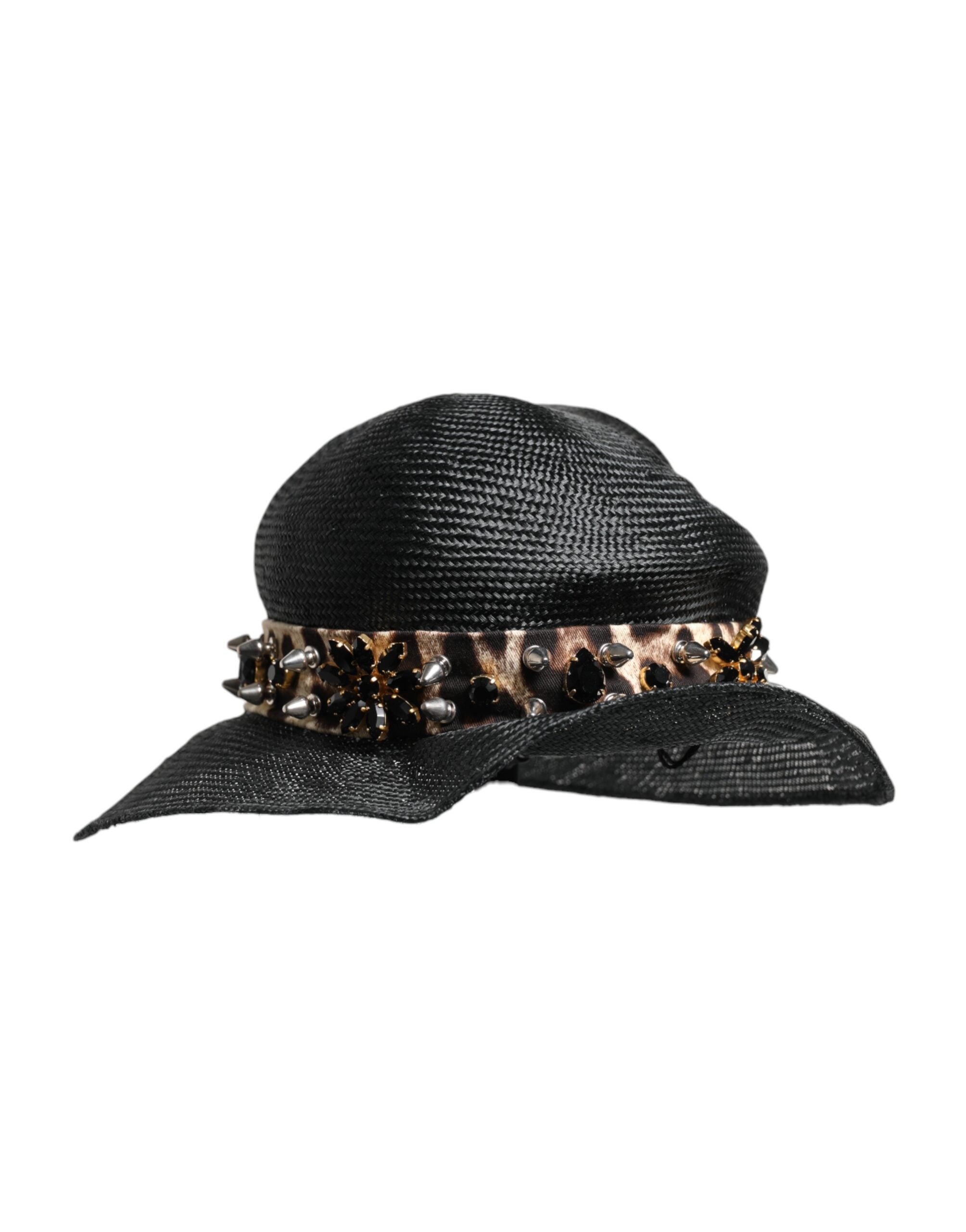 Dolce & Gabbana Schwarzer Strohhut mit Kristallverzierung und breiter Krempe