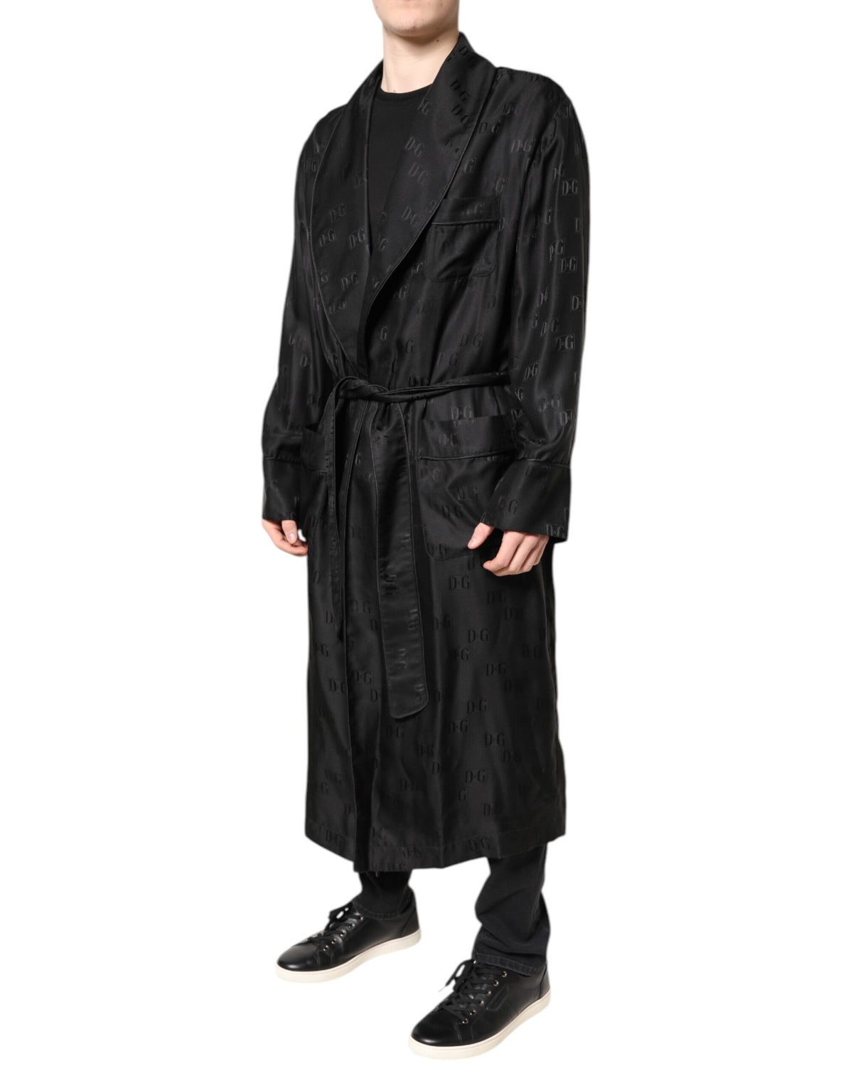Dolce & Gabbana Schwarze Seide DG Logo Herren Wickelmantel Jacke