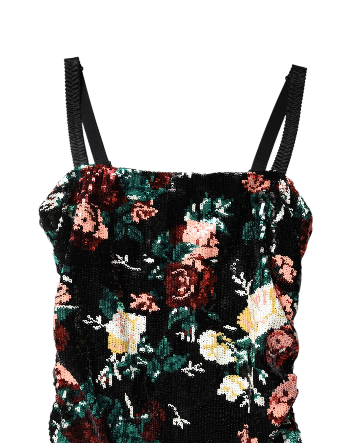 Dolce & Gabbana Schwarzes, geblümtes, ärmelloses Etuikleid mit Pailletten
