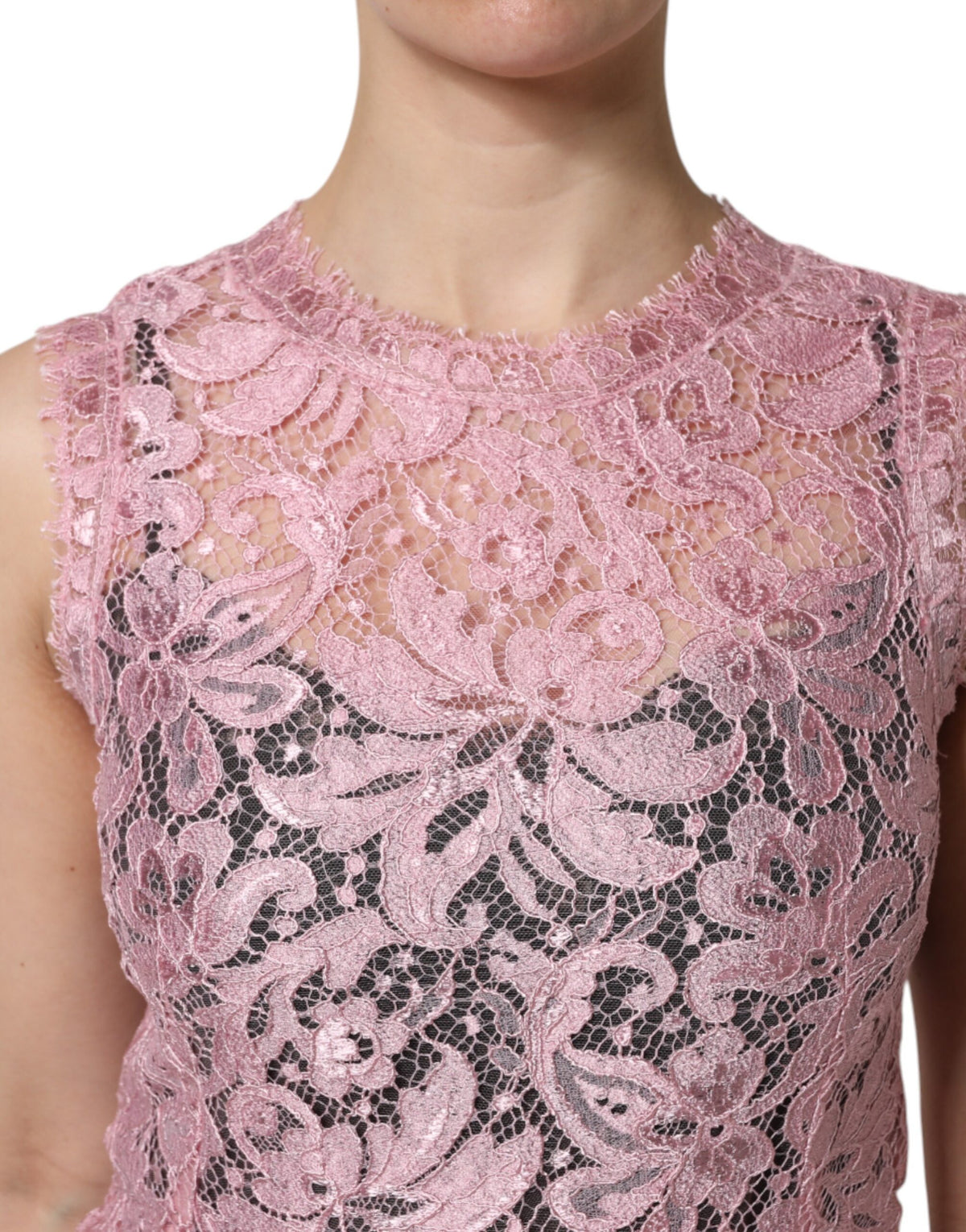 Dolce & Gabbana Pinkes ärmelloses Etuikleid mit floraler Spitze