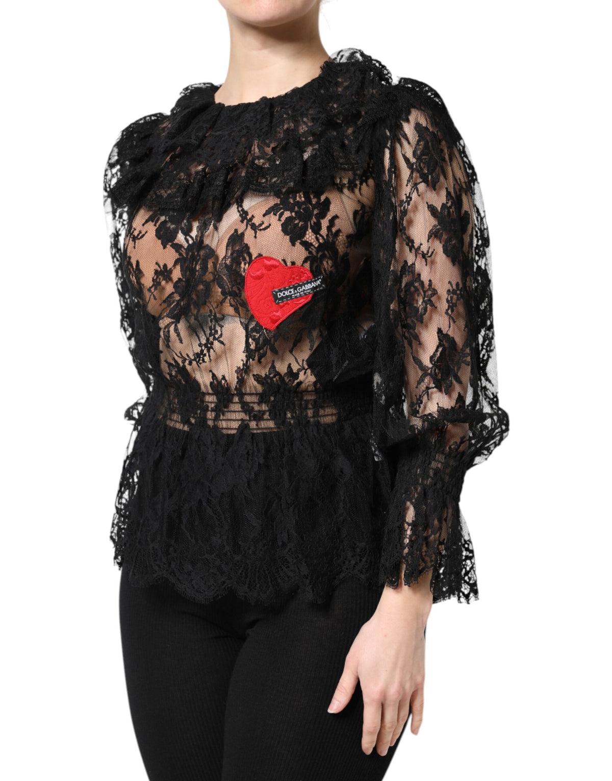 Dolce & Gabbana Schwarzes Blusentop aus Baumwolle mit floraler Spitze für Frauen