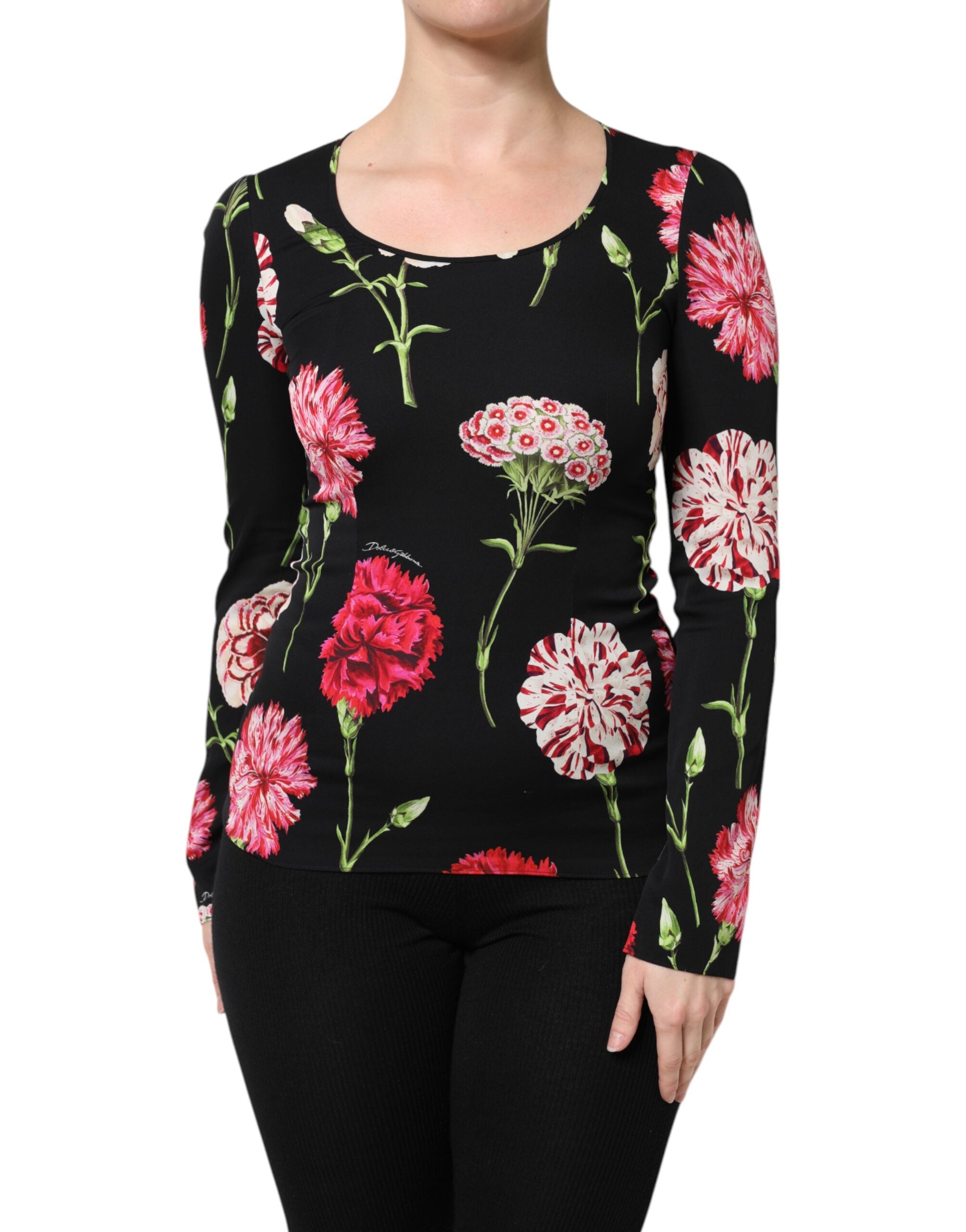 Dolce & Gabbana Schwarzes geblümtes langärmeliges Damenblusentop