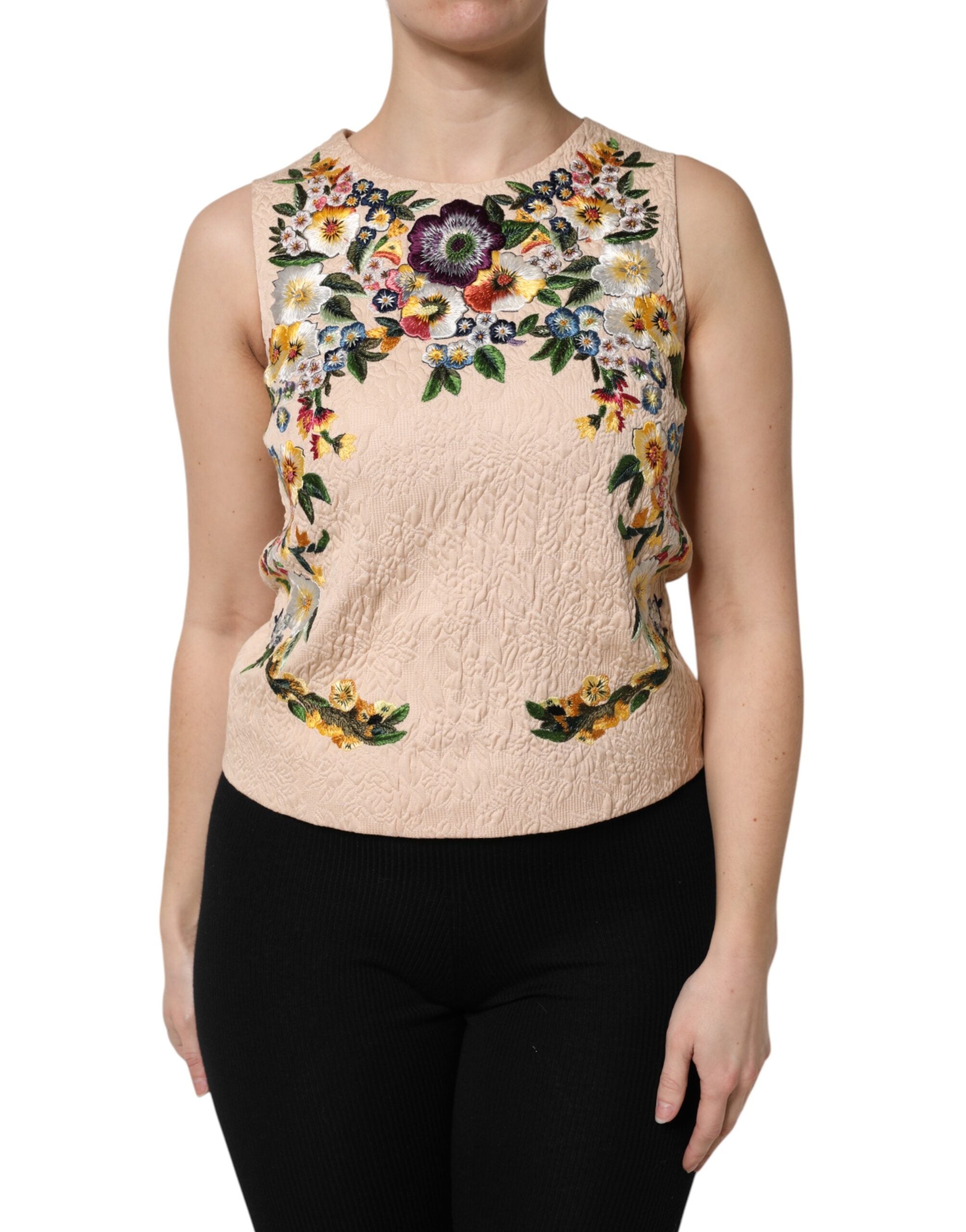 Dolce & Gabbana Beigefarbenes ärmelloses Tank-Top mit Blumenstickerei