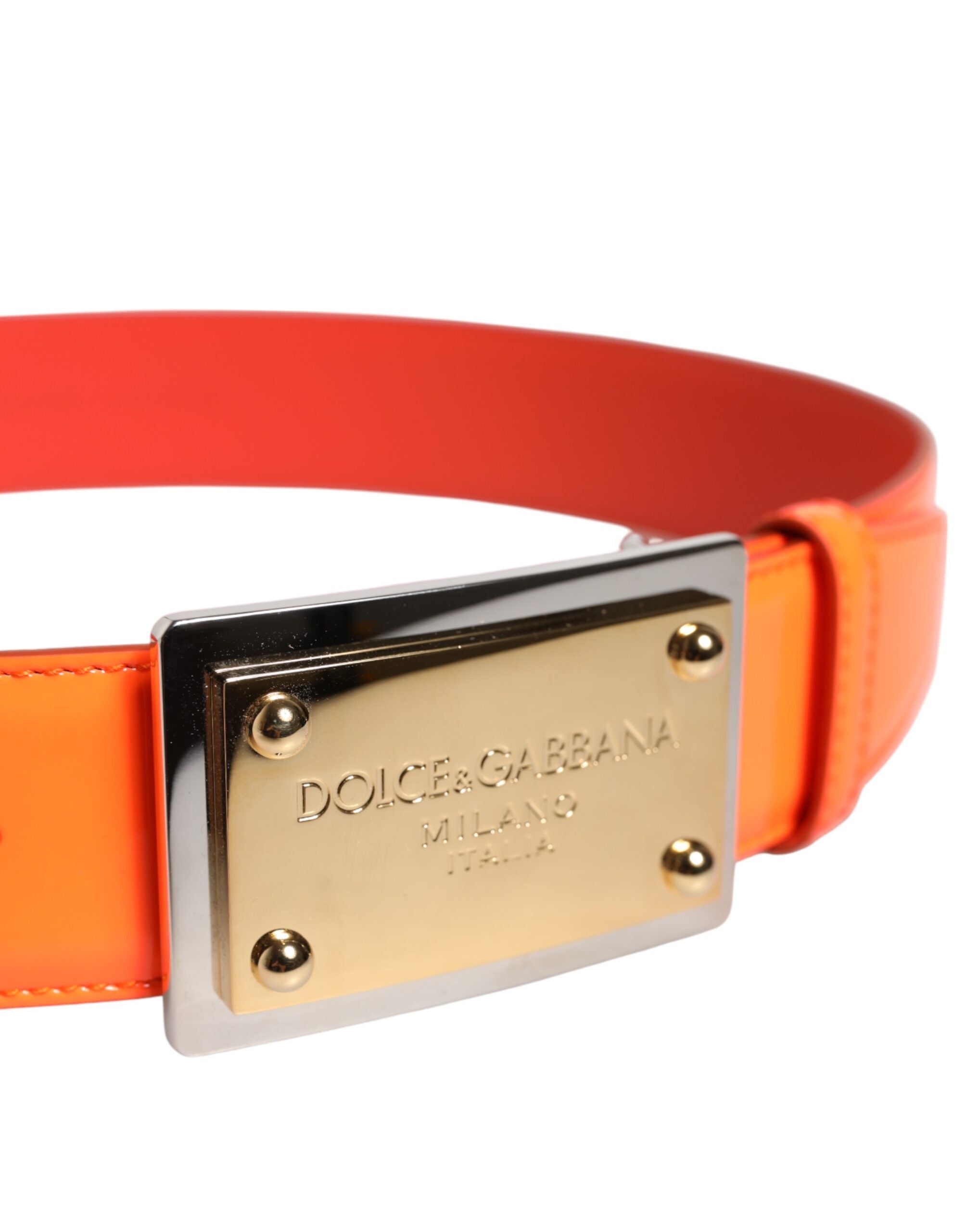 Dolce & Gabbana Orangefarbener goldfarbener Gürtel mit Logoschnalle aus Metall