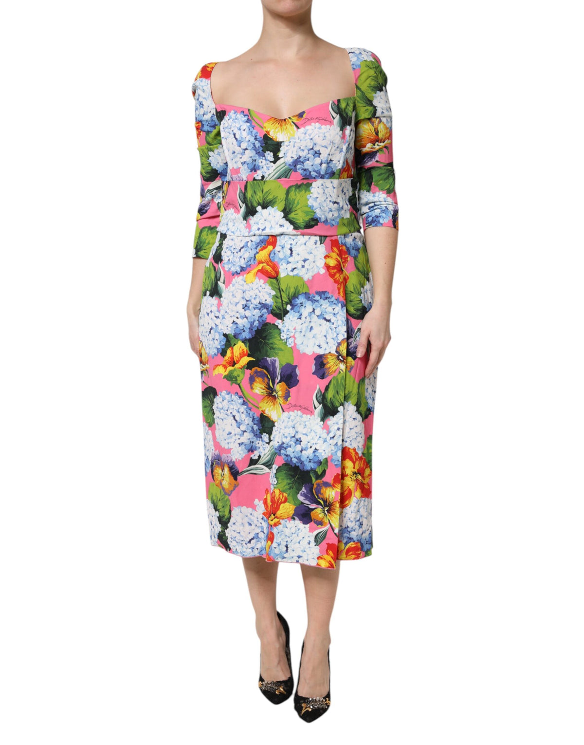 Dolce & Gabbana Multicolor Floral plissiertes Etuikleid Midikleid
