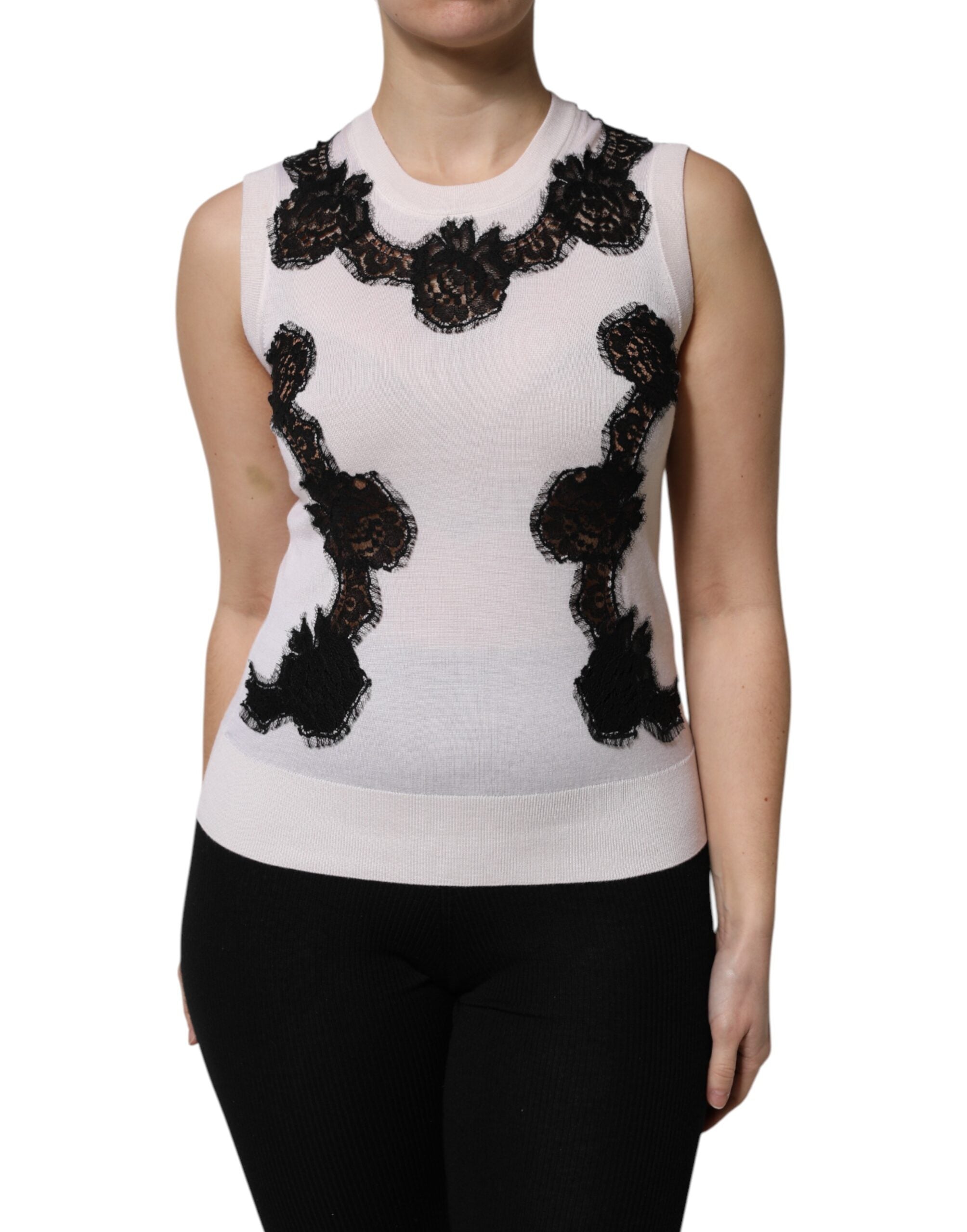 Dolce & Gabbana Weißes Kaschmir-Tanktop mit floraler Spitze