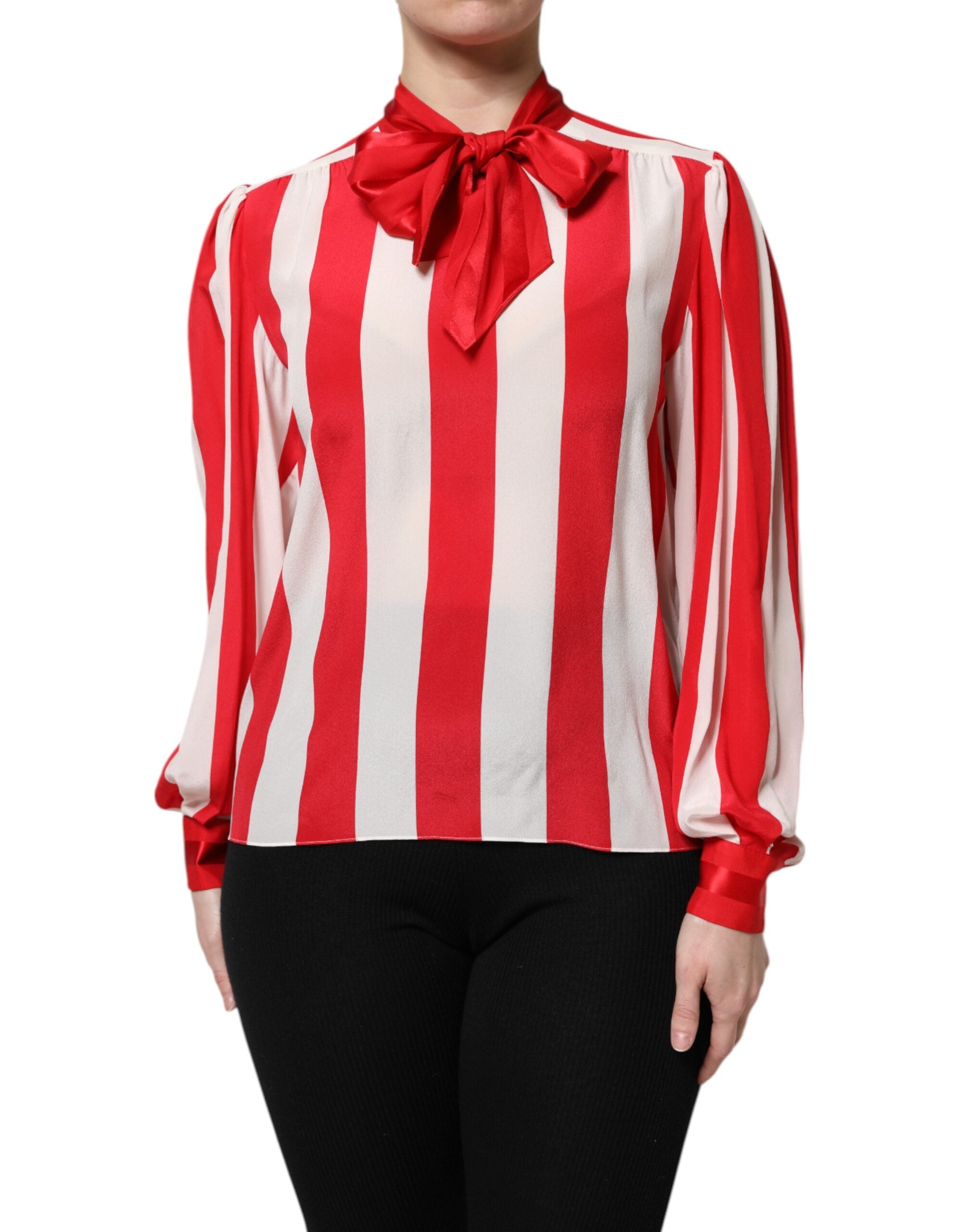 Dolce & Gabbana Rot Weiß Streifen Ascot Kragen Bluse Top