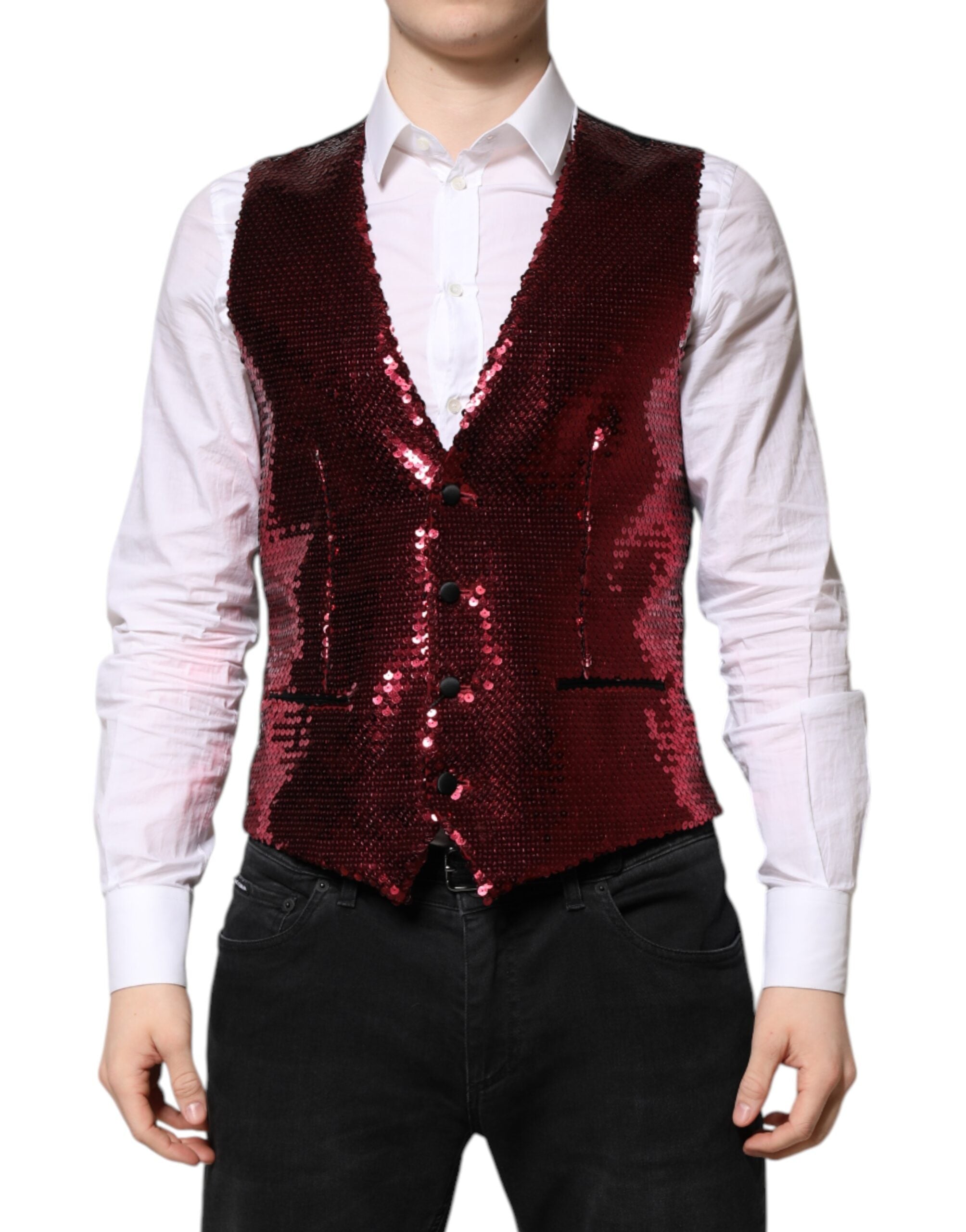 Dolce & Gabbana Rotes Paillettenkleid Formelle Männer Weste Weste