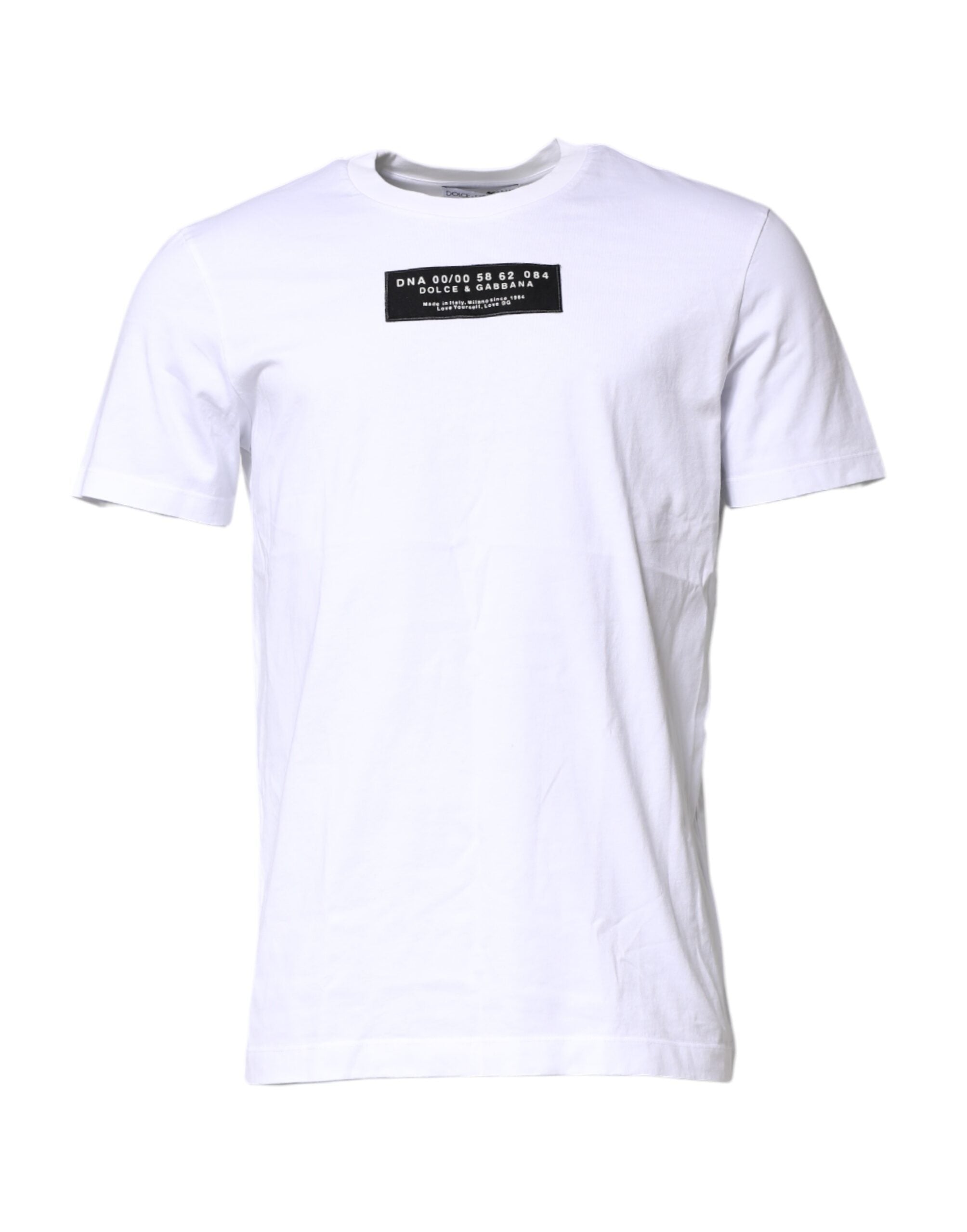 Dolce & Gabbana Weißes T-Shirt mit Rundhalsausschnitt und Logo-Patch aus Baumwolle