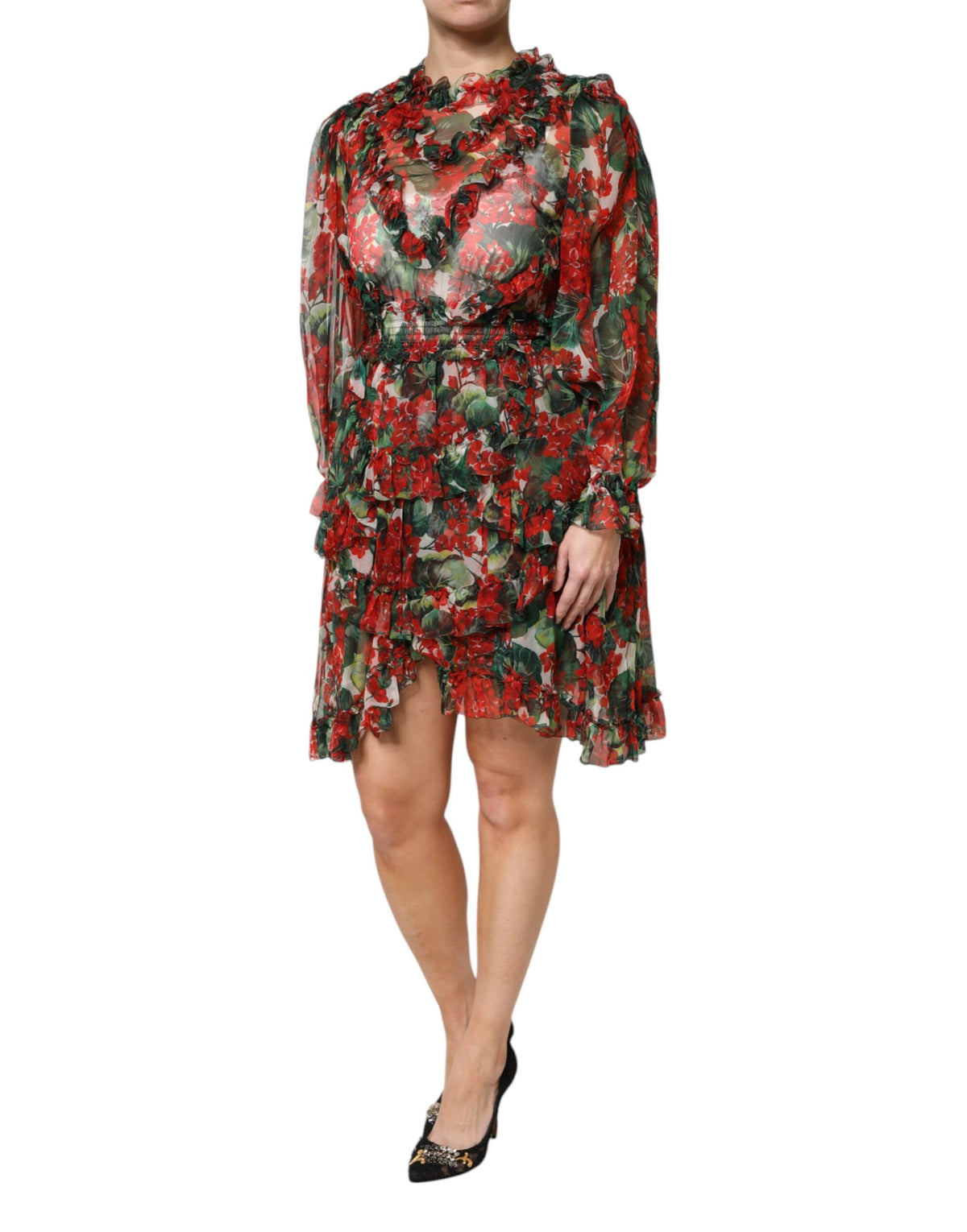 Dolce & Gabbana Multicolor gerafftes Kleid mit langen Ärmeln und Blumen