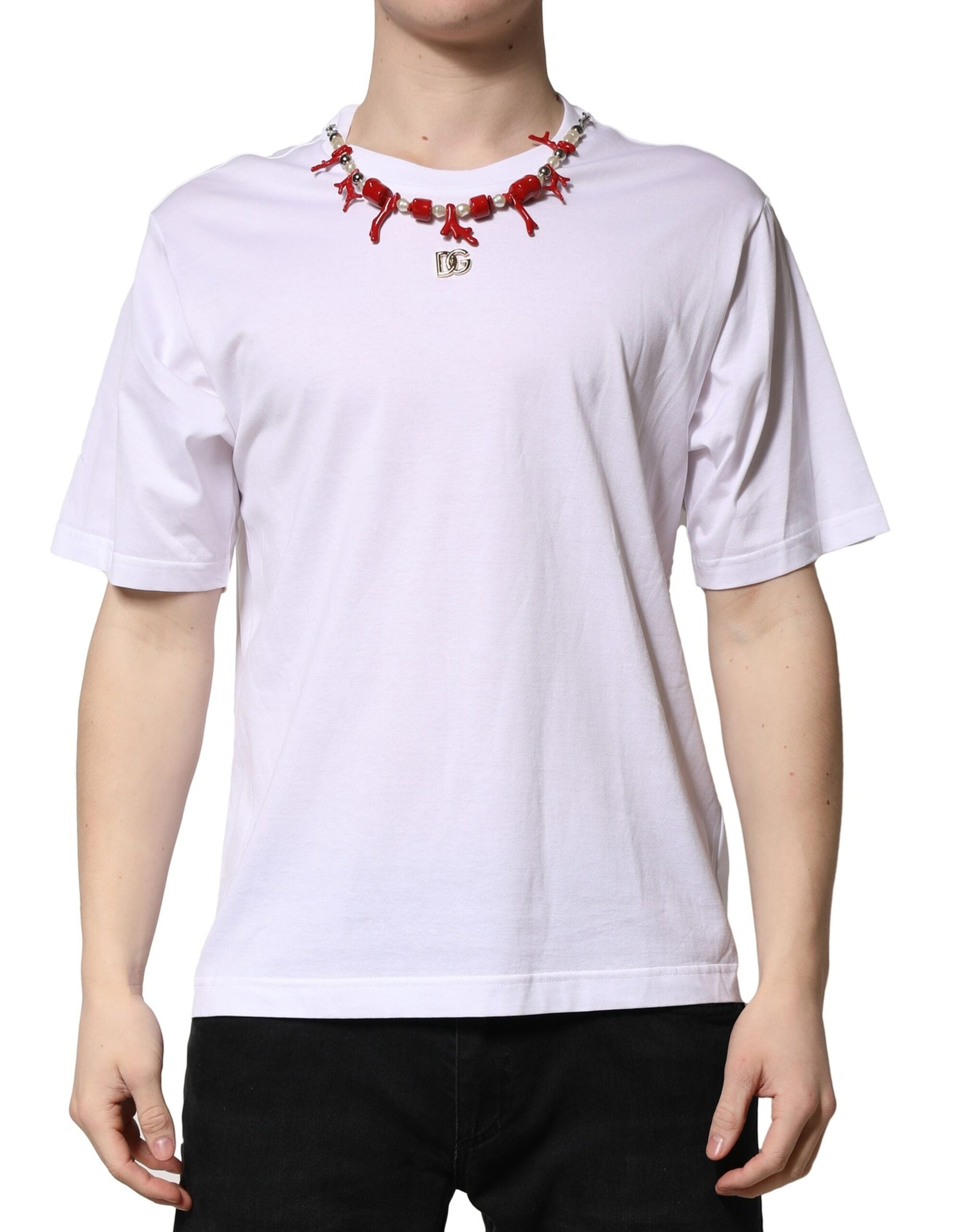 Dolce & Gabbana Weißes T-Shirt mit Rundhalsausschnitt aus Baumwolle mit Verzierungen
