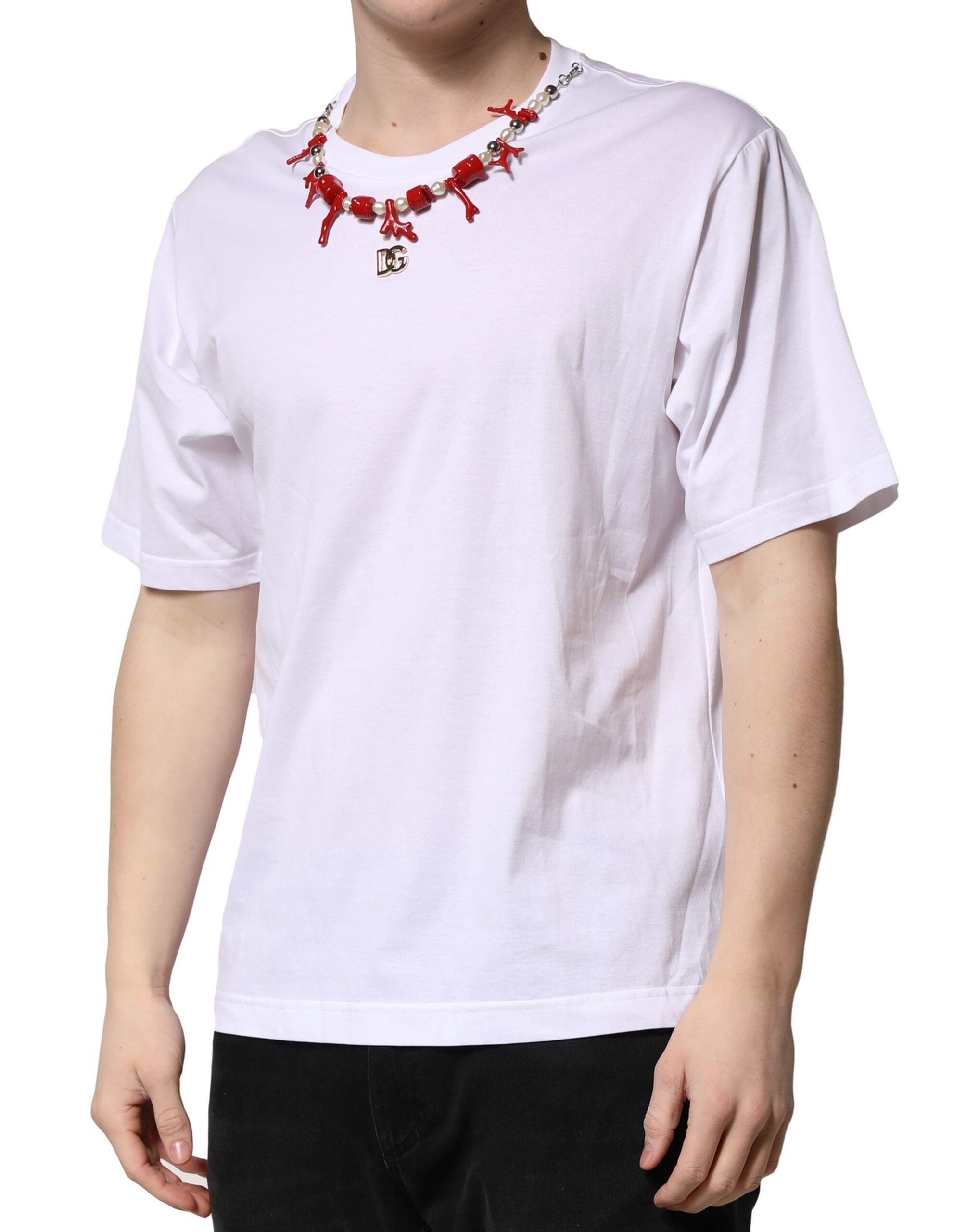 Dolce & Gabbana Weißes T-Shirt mit Rundhalsausschnitt aus Baumwolle mit Verzierungen