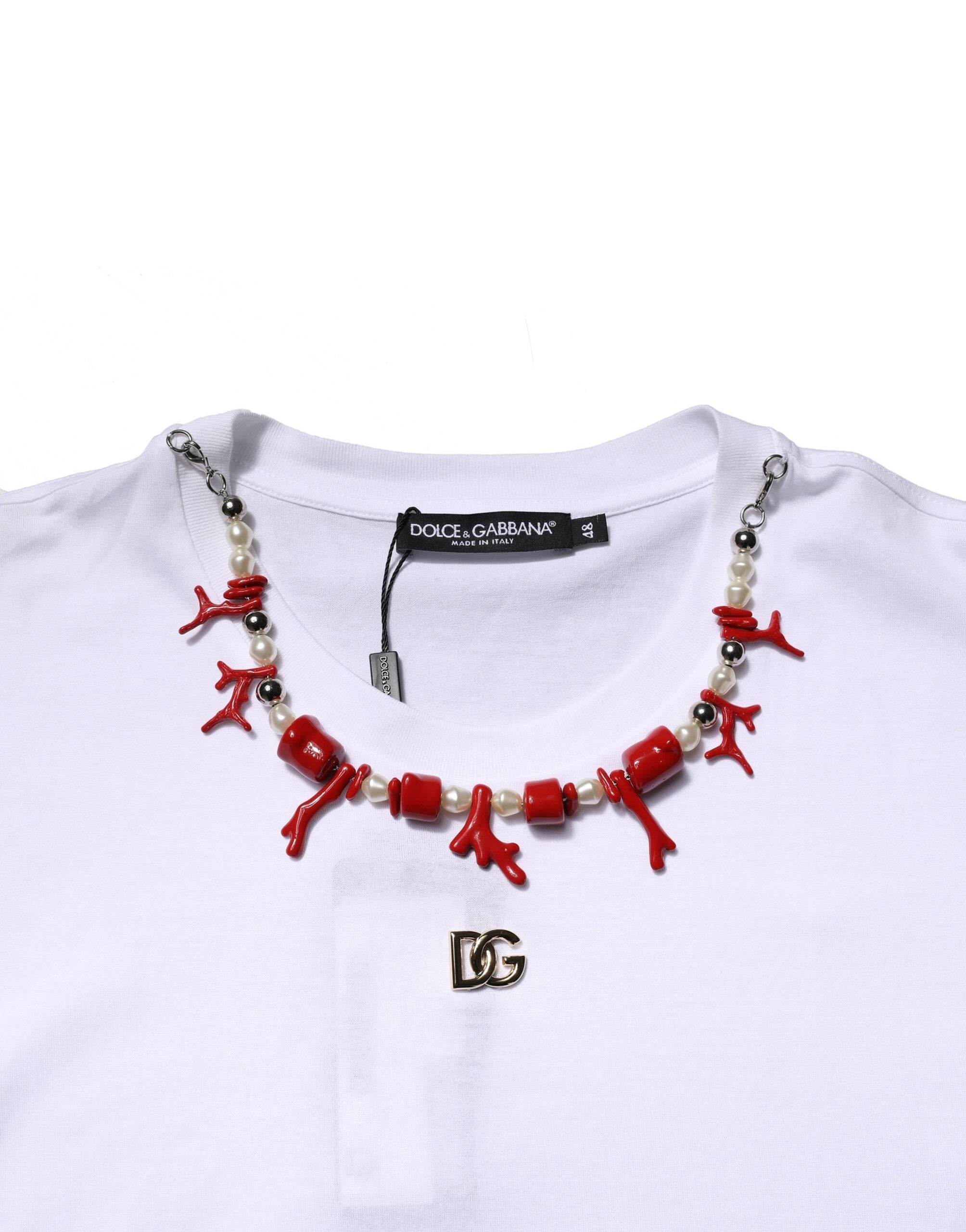 Dolce & Gabbana Weißes T-Shirt mit Rundhalsausschnitt aus Baumwolle mit Verzierungen
