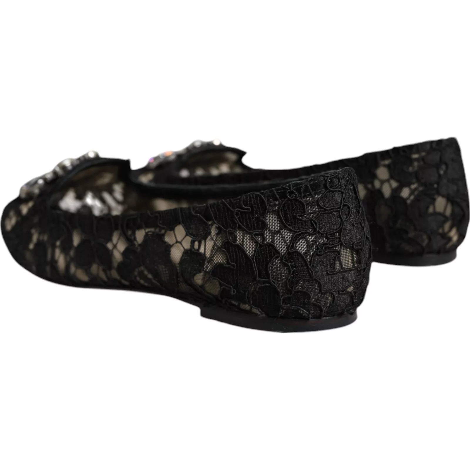 Dolce & Gabbana Schwarze Spitze Kristall Ballett Flats Loafer Schuhe