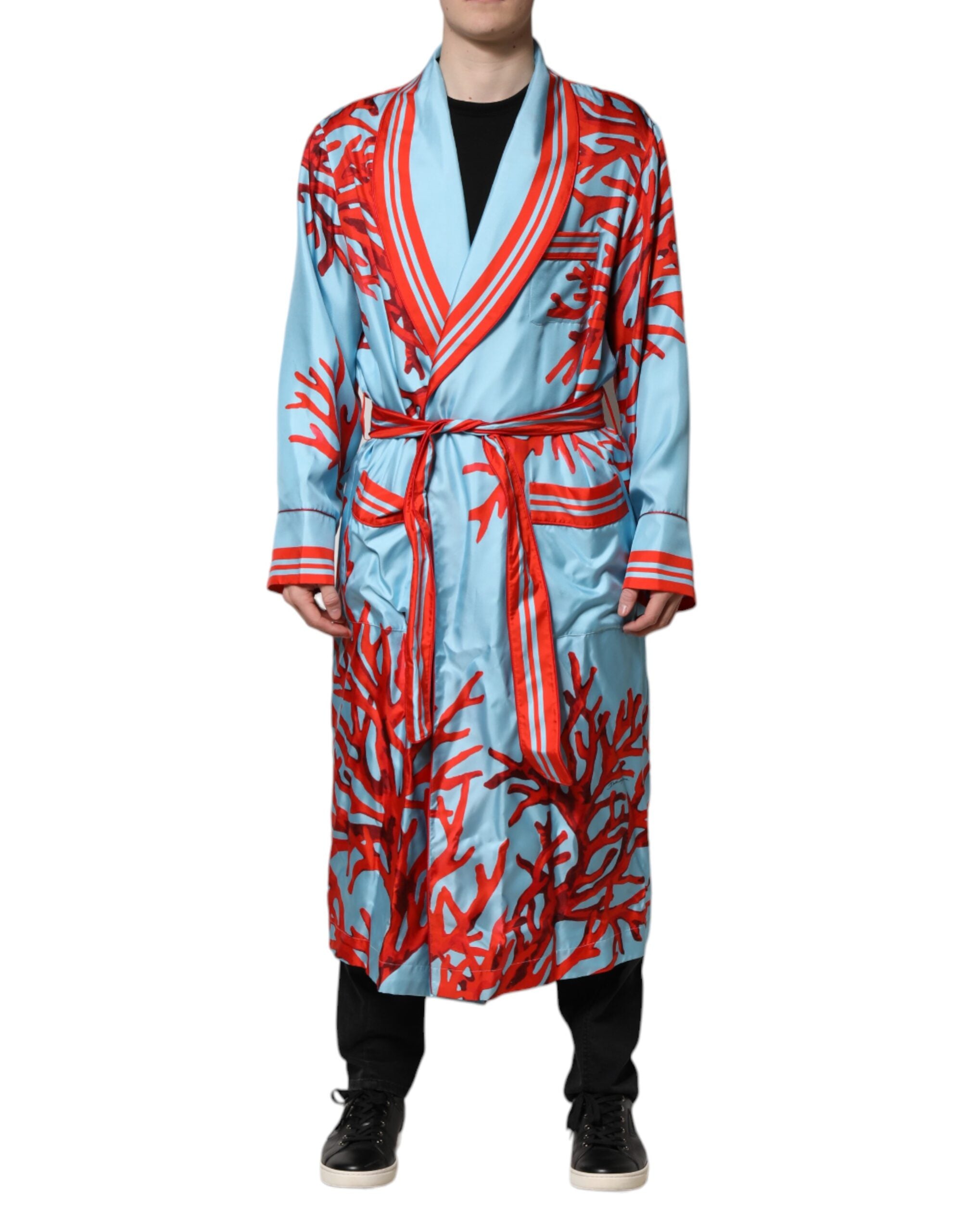 Dolce & Gabbana Blau Rot Koralle Print Wickelmantel Jacke