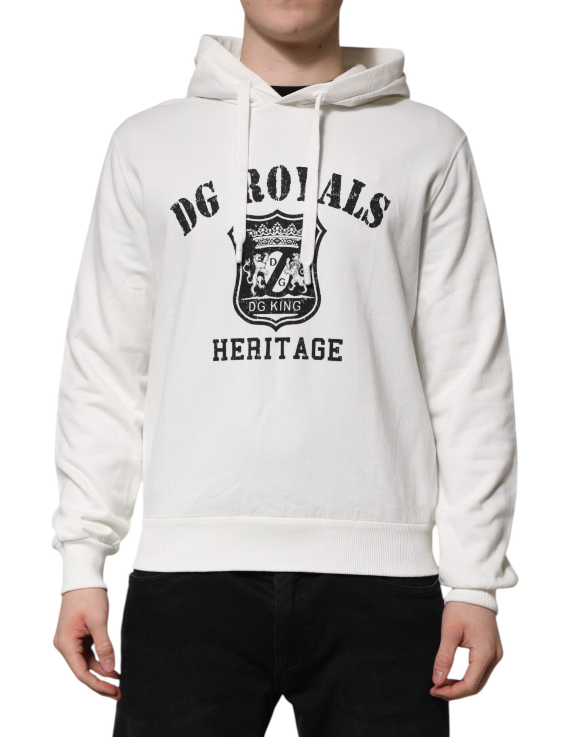 Dolce & Gabbana Weißer Kapuzenpullover aus Baumwolle DG ROYAL Print