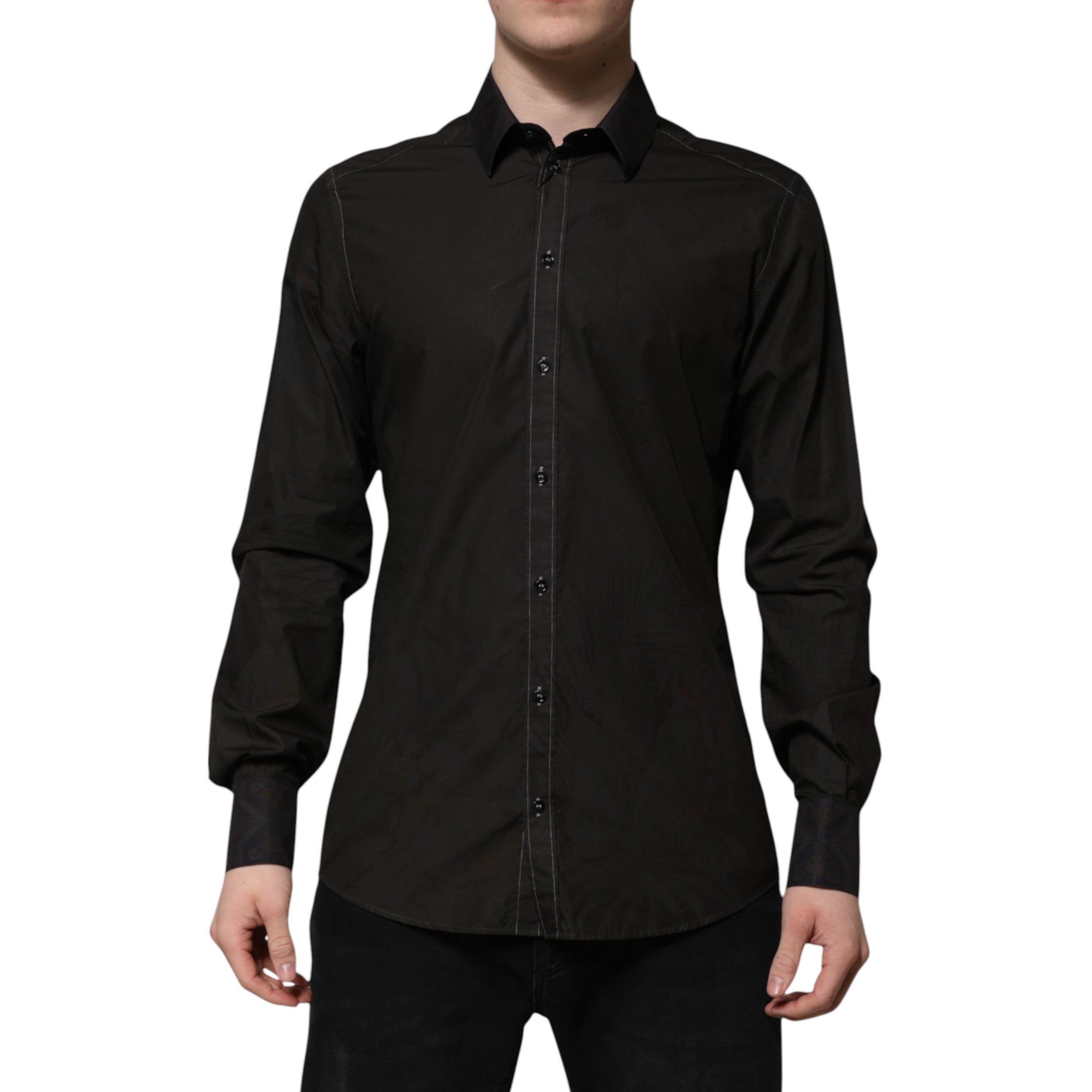 Dolce & Gabbana Schwarzes Baumwoll-Jacquard-Hemd mit GOLD-Kragen