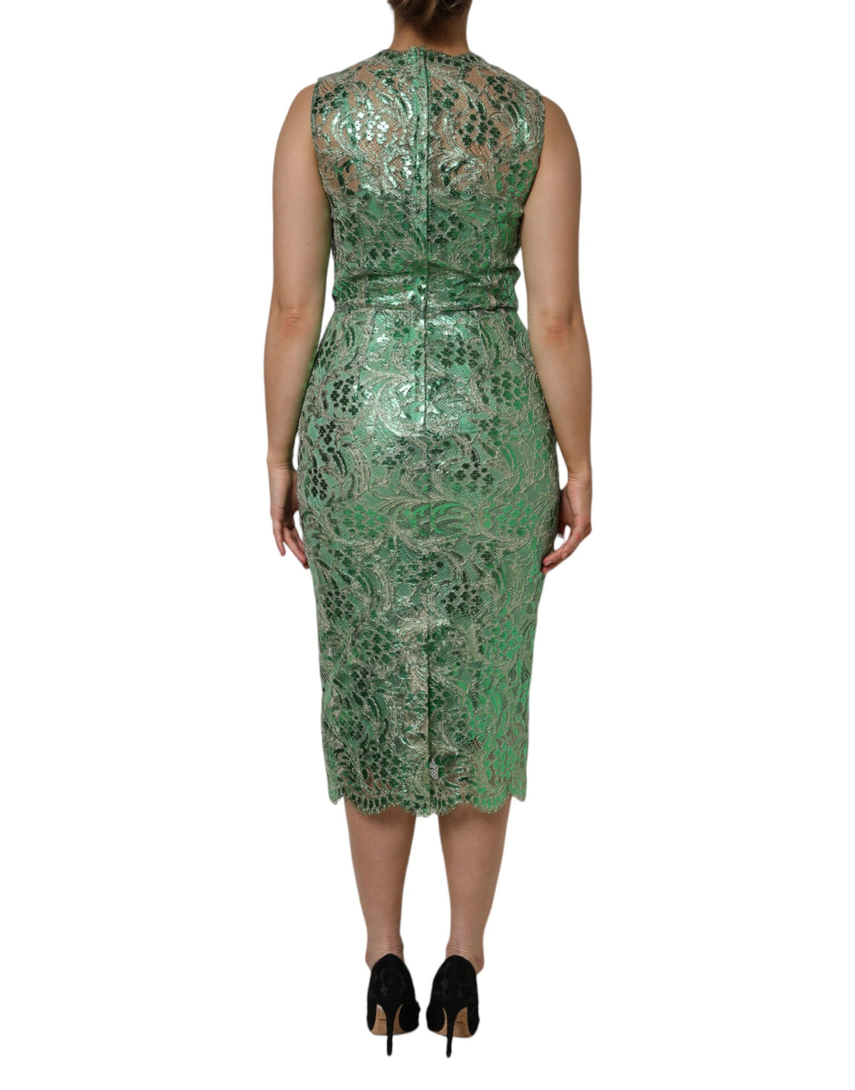 Dolce & Gabbana Grünes Midikleid aus geblümter Spitze aus Baumwolle