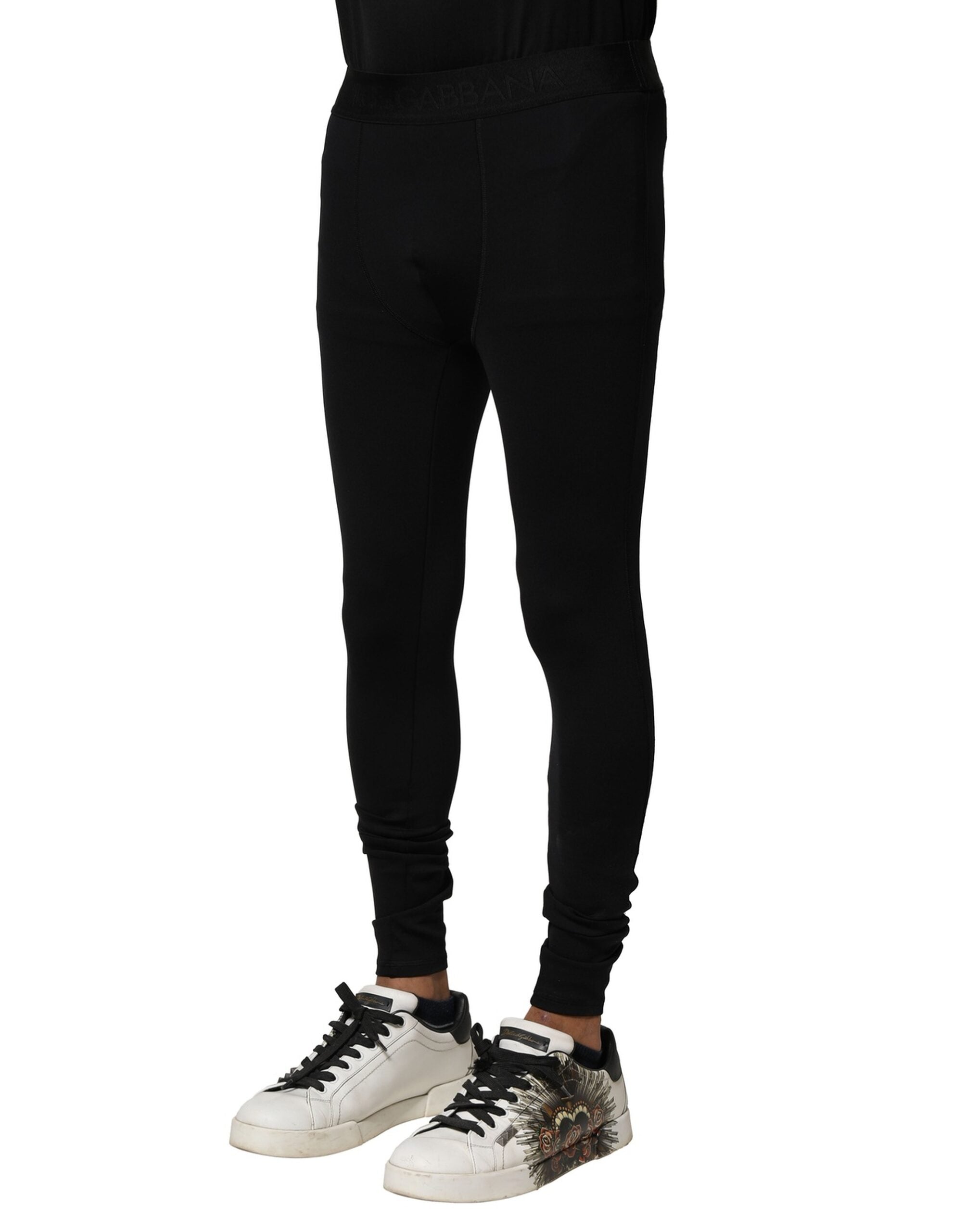 Dolce & Gabbana Schwarzes Nylon Elastische Logo Männer Leggings Hosen