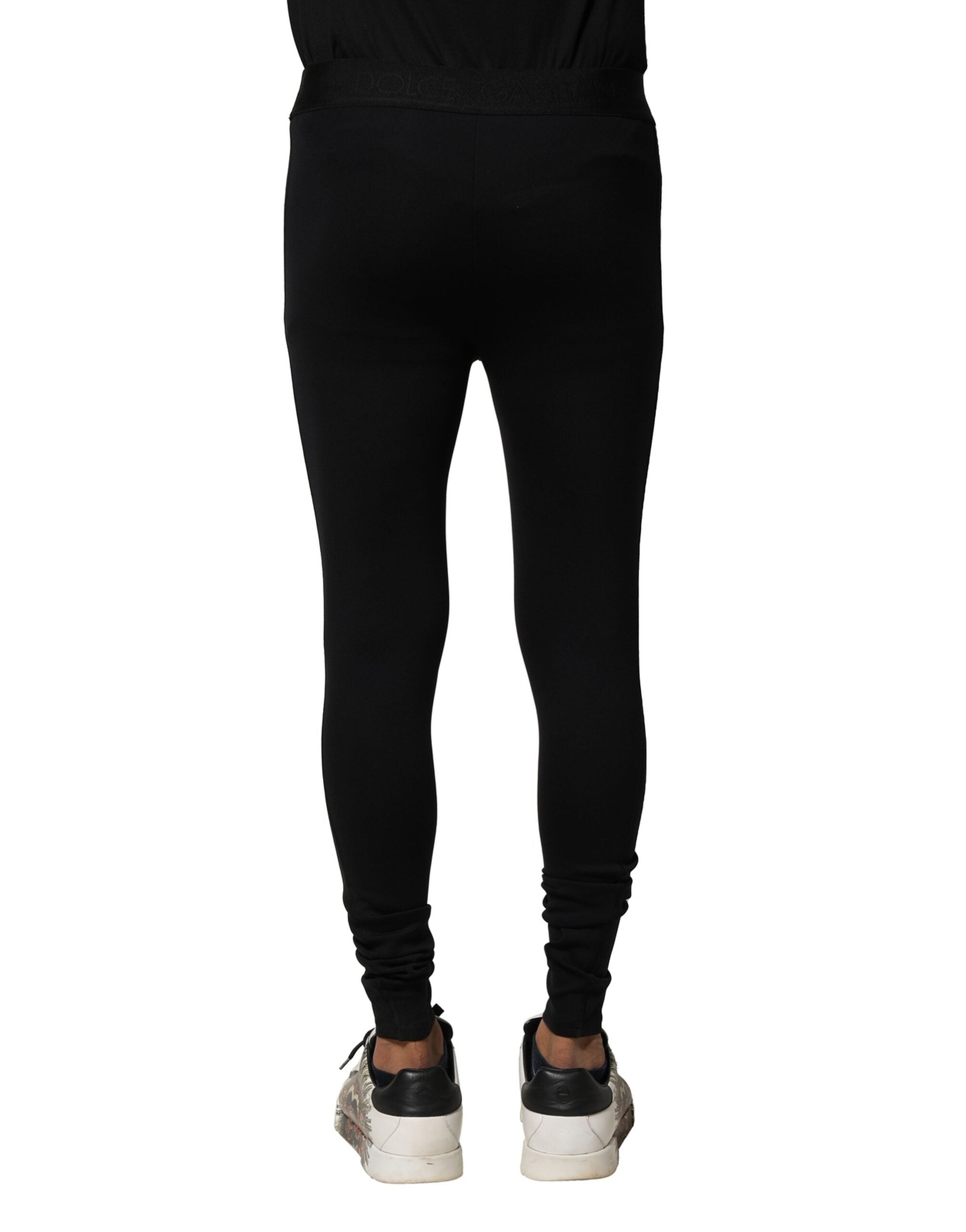 Dolce & Gabbana Schwarzes Nylon Elastische Logo Männer Leggings Hosen