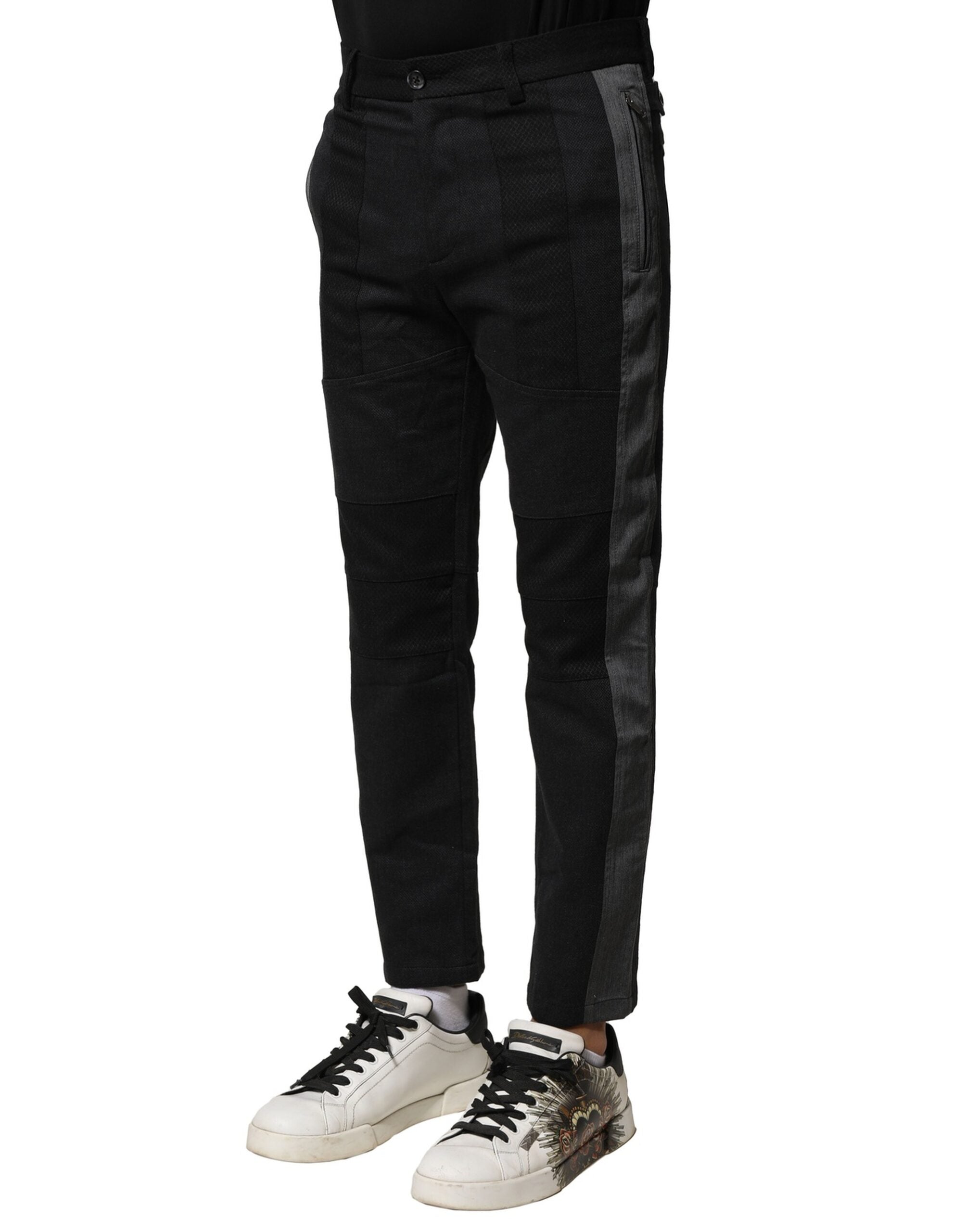 Dolce & Gabbana Schwarz-Grau Baumwolle Tapered Herrenhosen