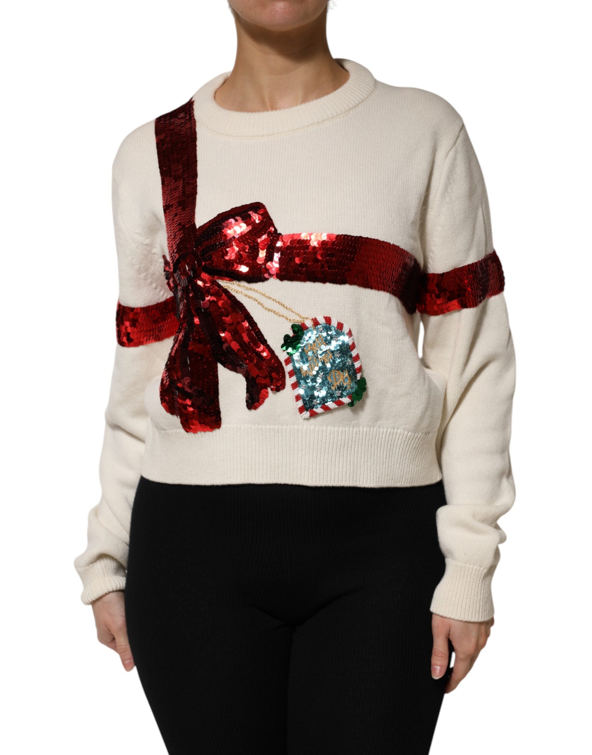 Dolce & Gabbana Weißer paillettenbesetzter Pullover mit Rundhalsausschnitt