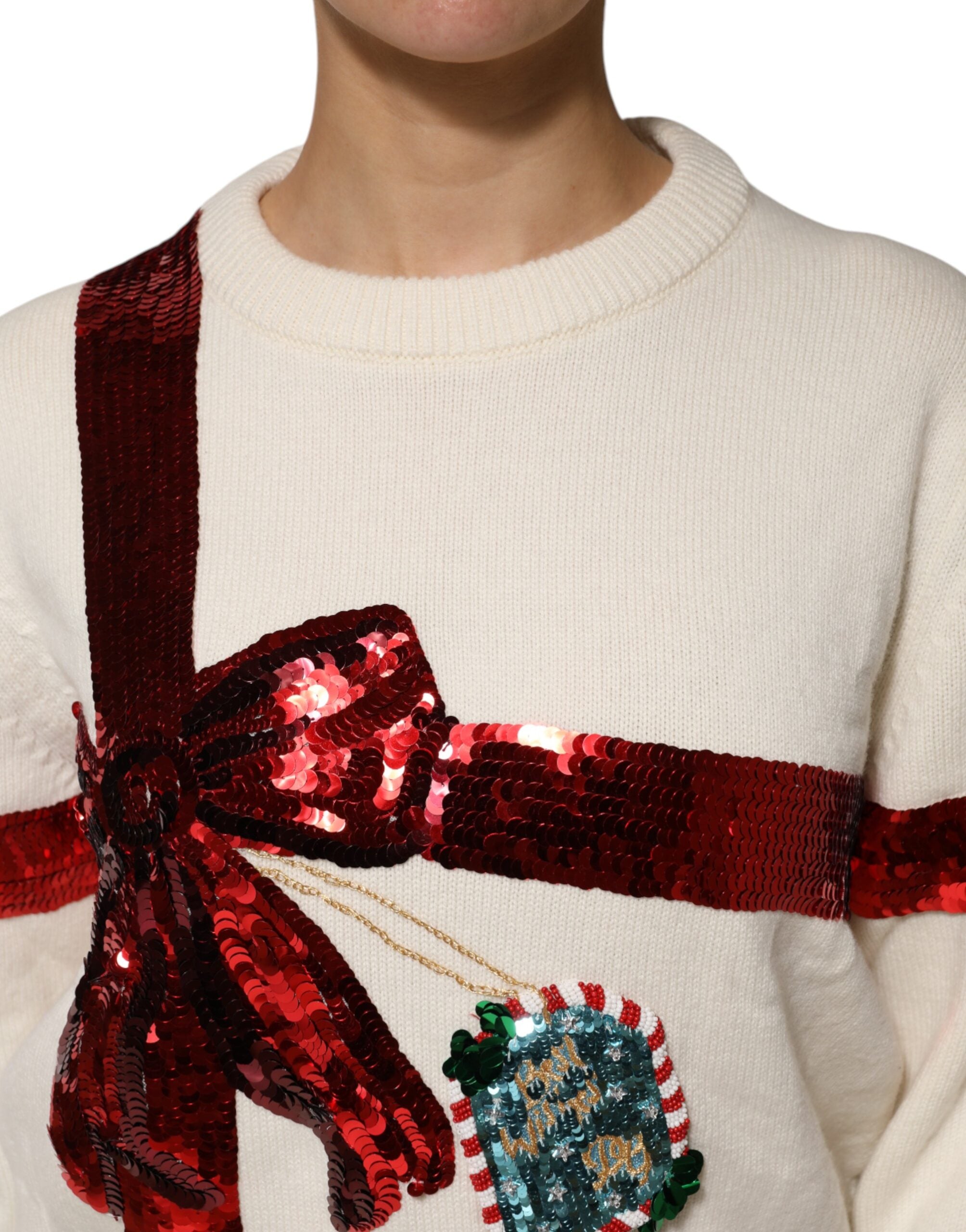 Dolce & Gabbana Weißer paillettenbesetzter Pullover mit Rundhalsausschnitt