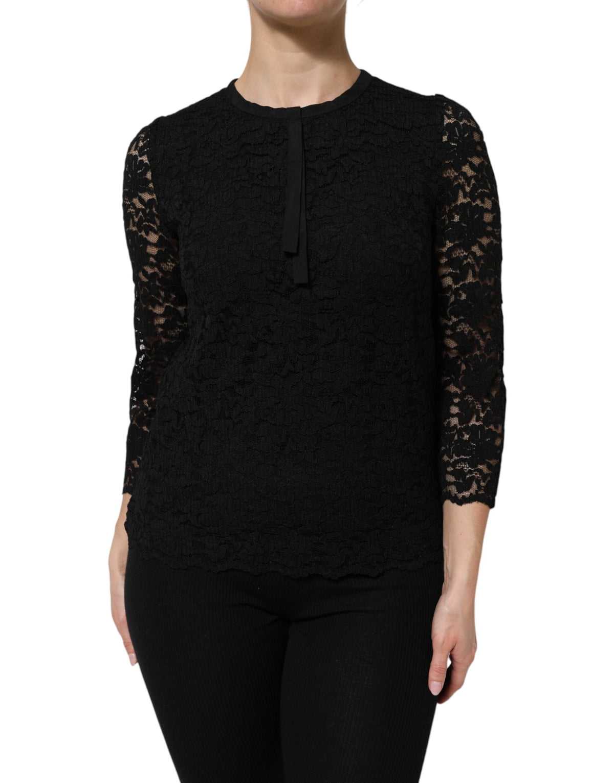 Dolce & Gabbana Schwarzes Nylon-Spitzen-Langarmblusen-Top