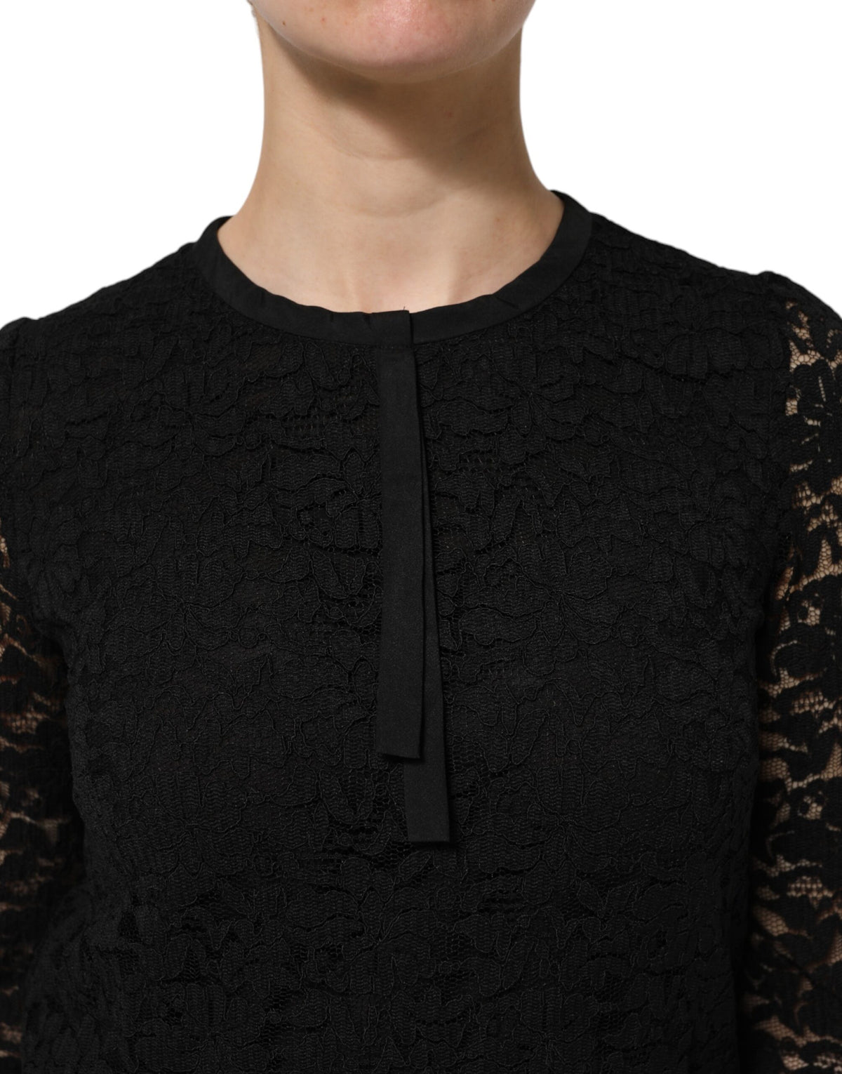 Dolce & Gabbana Schwarzes Nylon-Spitzen-Langarmblusen-Top