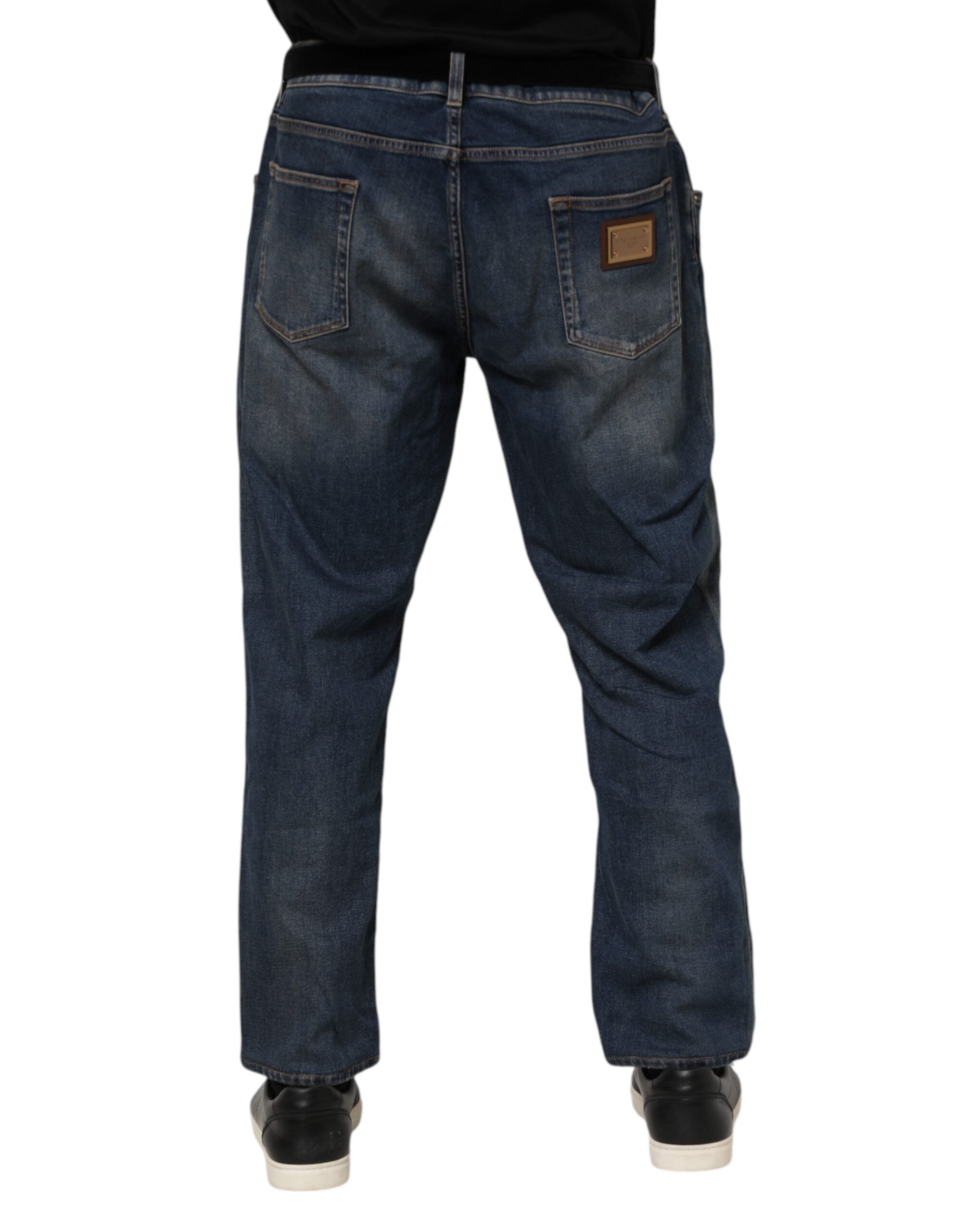 Dolce & Gabbana Blaue Baumwolle Logo Plaque Slim Denim Jeans