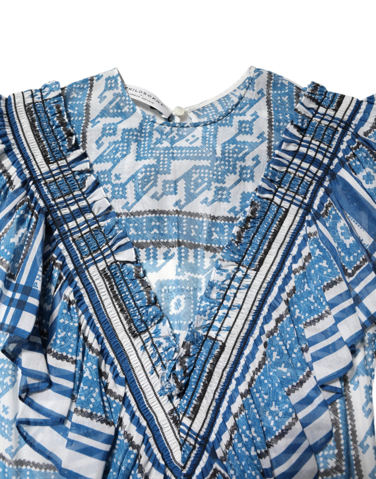 Philosophy di Lorenzo Serafini Blau gemustertes mehrlagiges Minikleid mit kurzen Ärmeln
