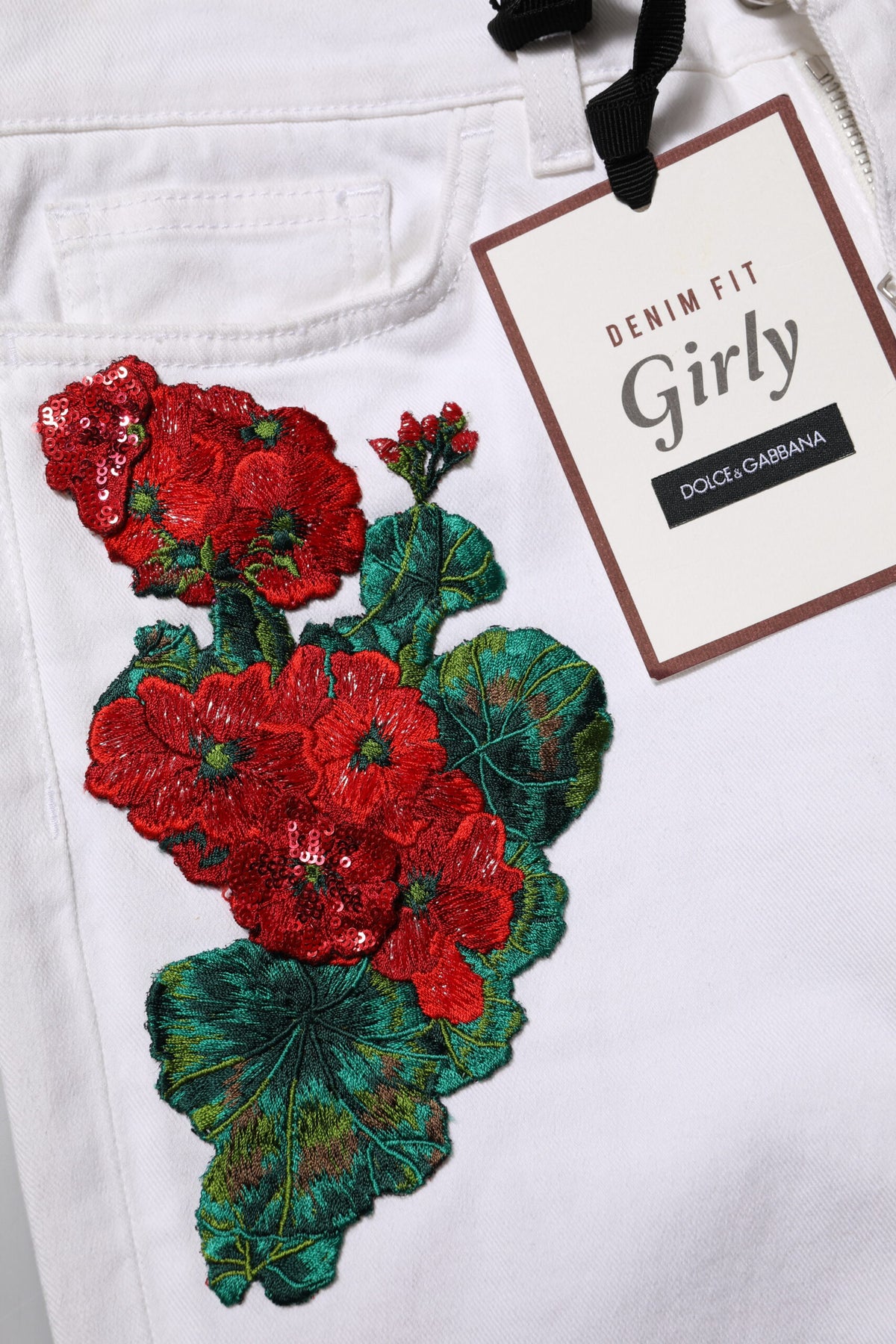 Dolce & Gabbana Weiße Denim-Jeans mit Blumenstickerei GIRLY
