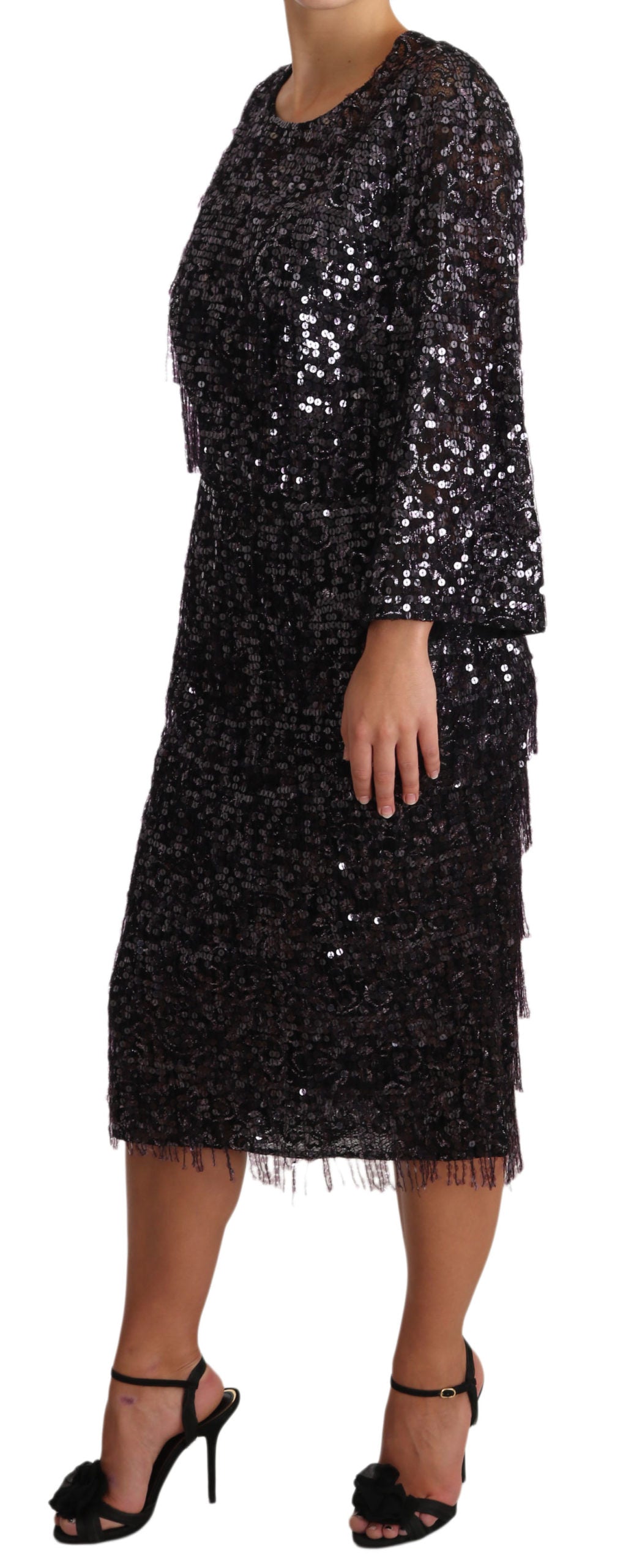 Dolce & Gabbana Schwarzes Langarm-Shift-Midi-Dress mit Pailletten