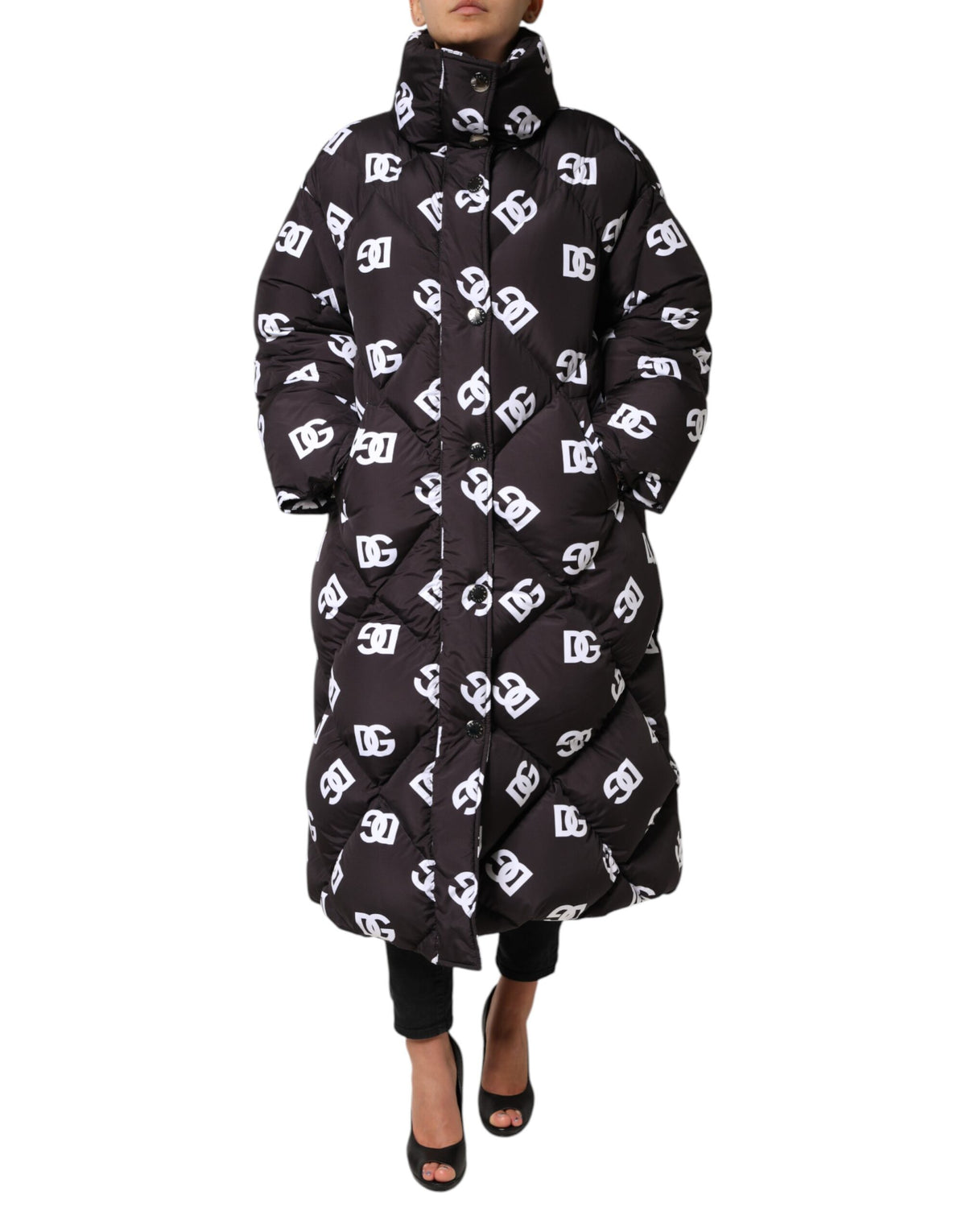 Dolce & Gabbana Schwarzer DG Mania Puffer gesteppter langer Mantel Jacke