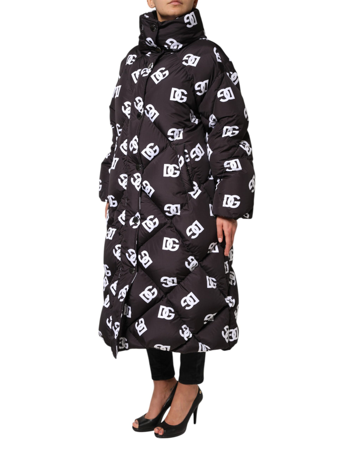 Dolce & Gabbana Schwarzer DG Mania Puffer gesteppter langer Mantel Jacke