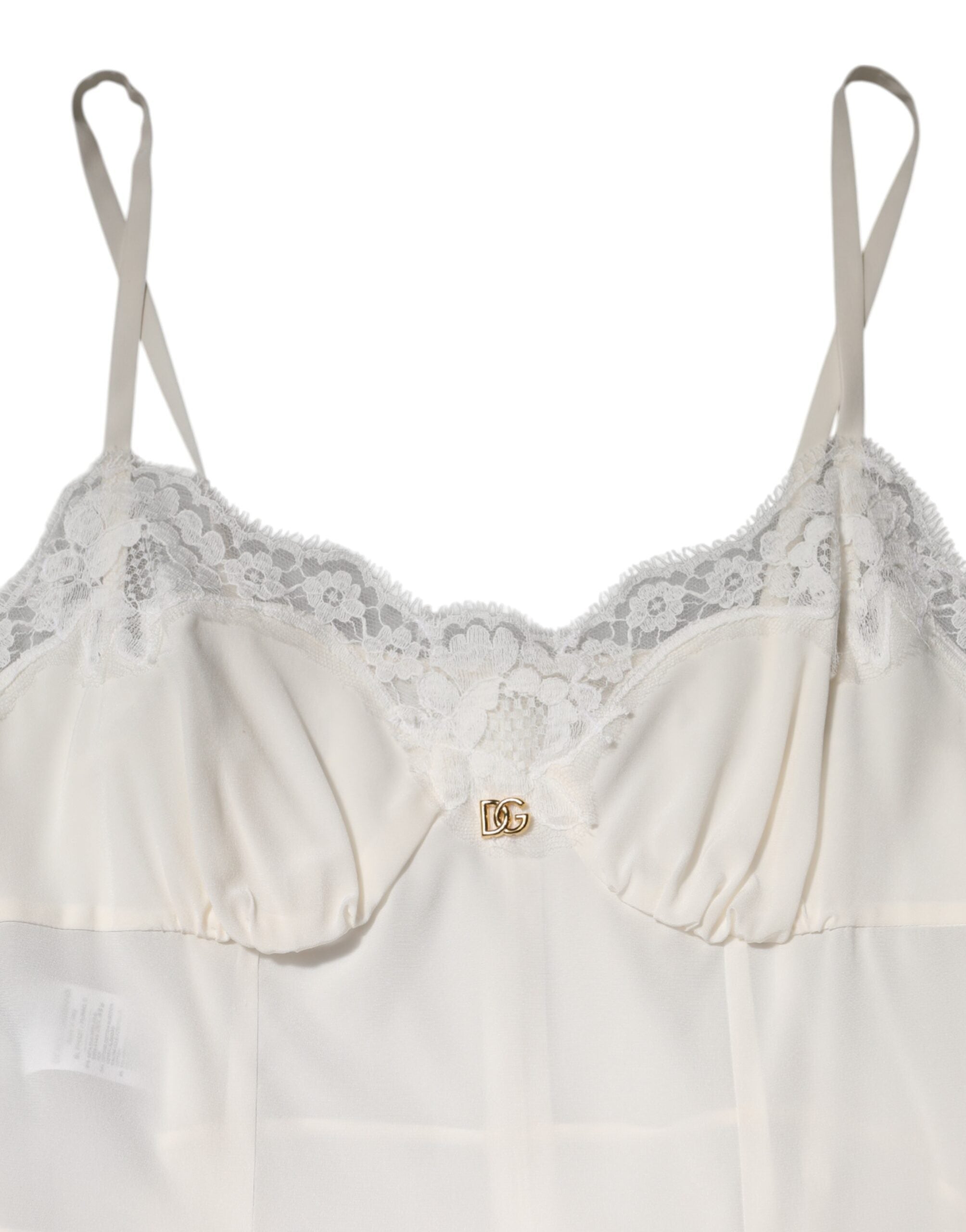 Dolce & Gabbana Weißes Spitzenkleid mit goldenem DG-Logo aus Seide Nachtwäsche