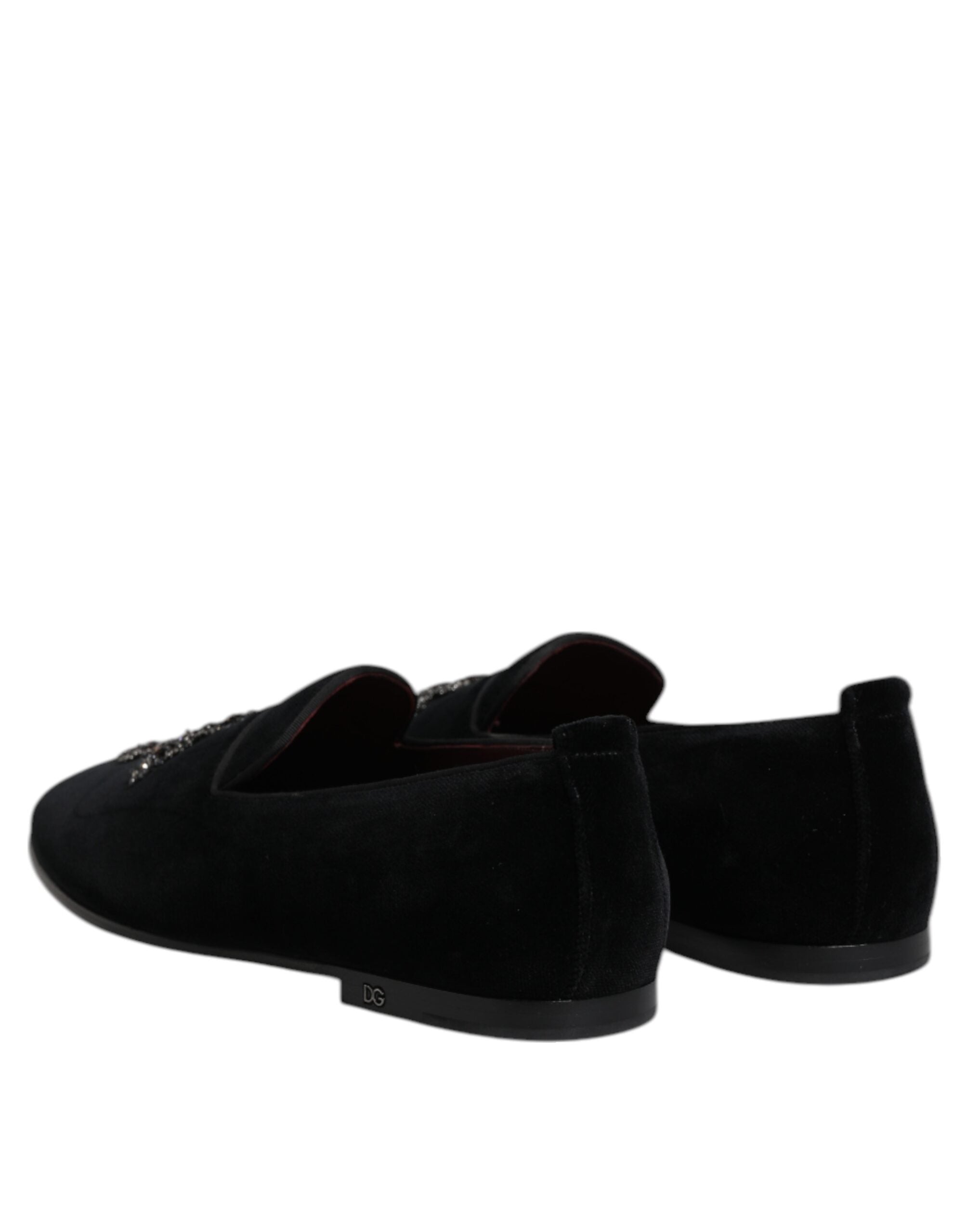 Dolce & Gabbana Schwarzer Samt verschönert Loafer Slip On Schuhe