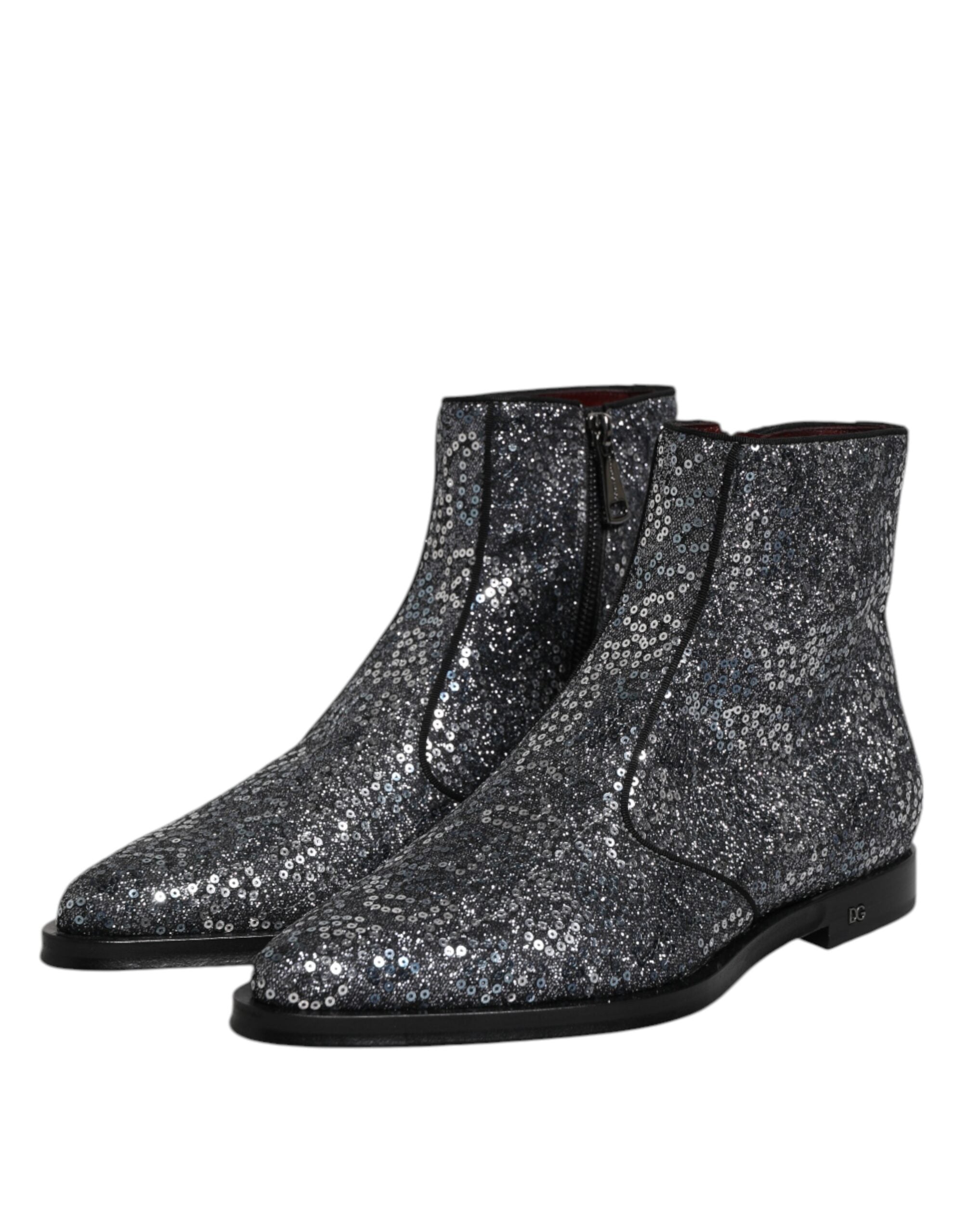 Dolce & Gabbana Dunkelgraue Baumwolle Pailletten Chelsea Boots Schuhe