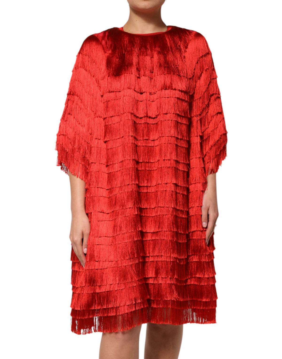 Dolce & Gabbana Rotes knielanges Kleid aus Seide mit Fransen